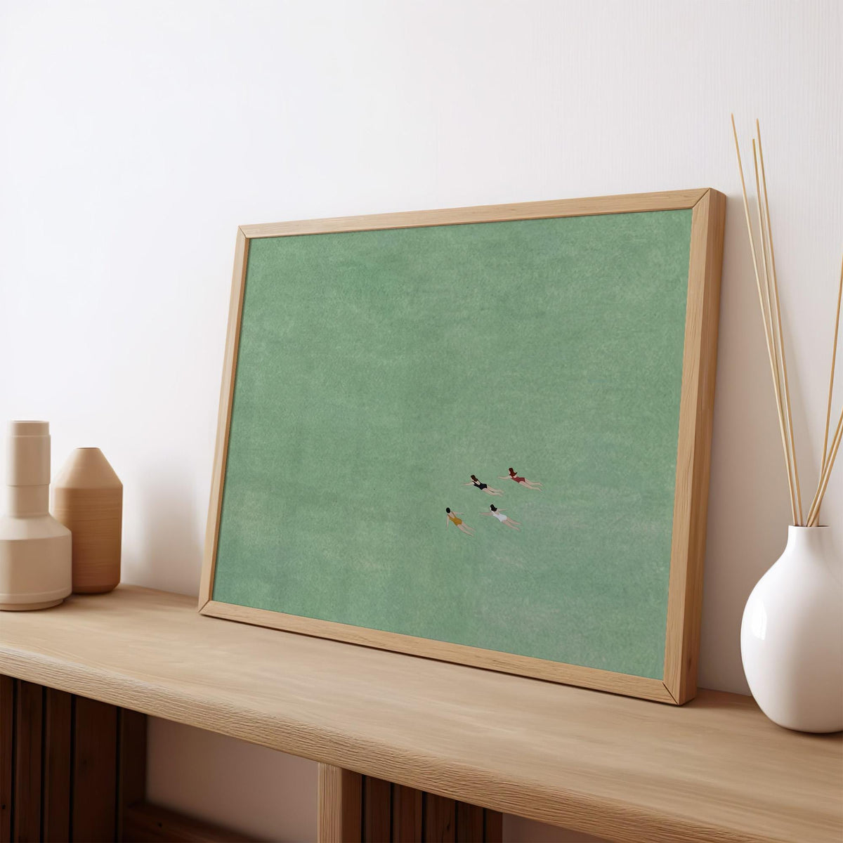 Green Abstract Swimming Art, Four Girls Painting, Modern Figure Wall Art with Expressive Movement and Contemporary Green