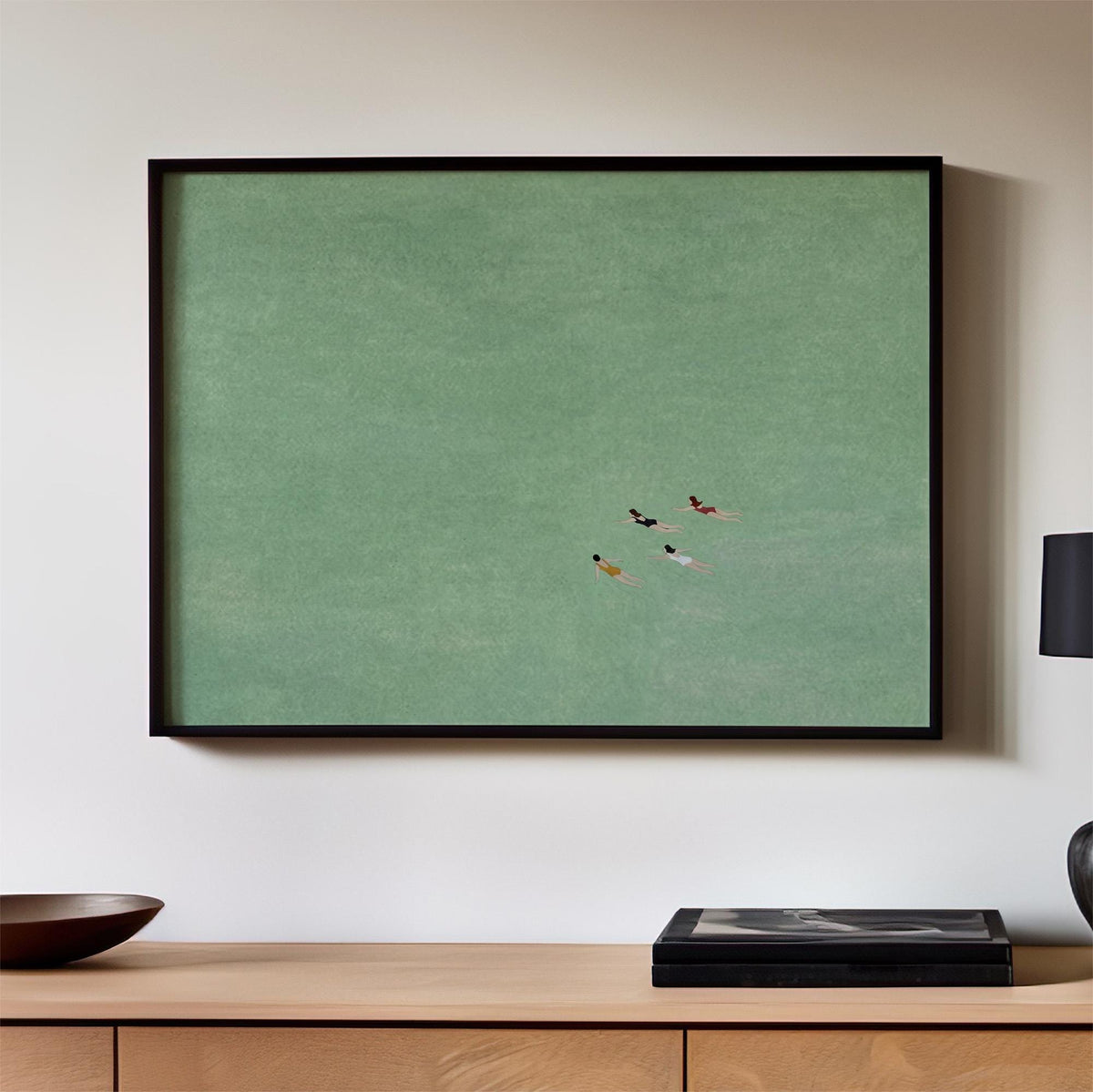 Green Abstract Swimming Art, Four Girls Painting, Modern Figure Wall Art with Expressive Movement and Contemporary Green