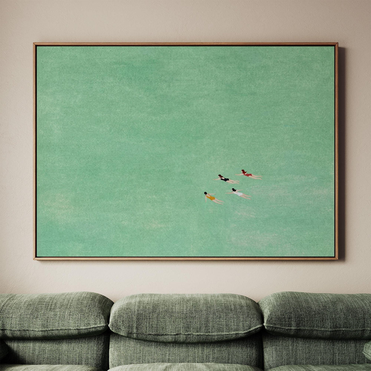 Green Abstract Swimming Art, Four Girls Painting, Modern Figure Wall Art with Expressive Movement and Contemporary Green