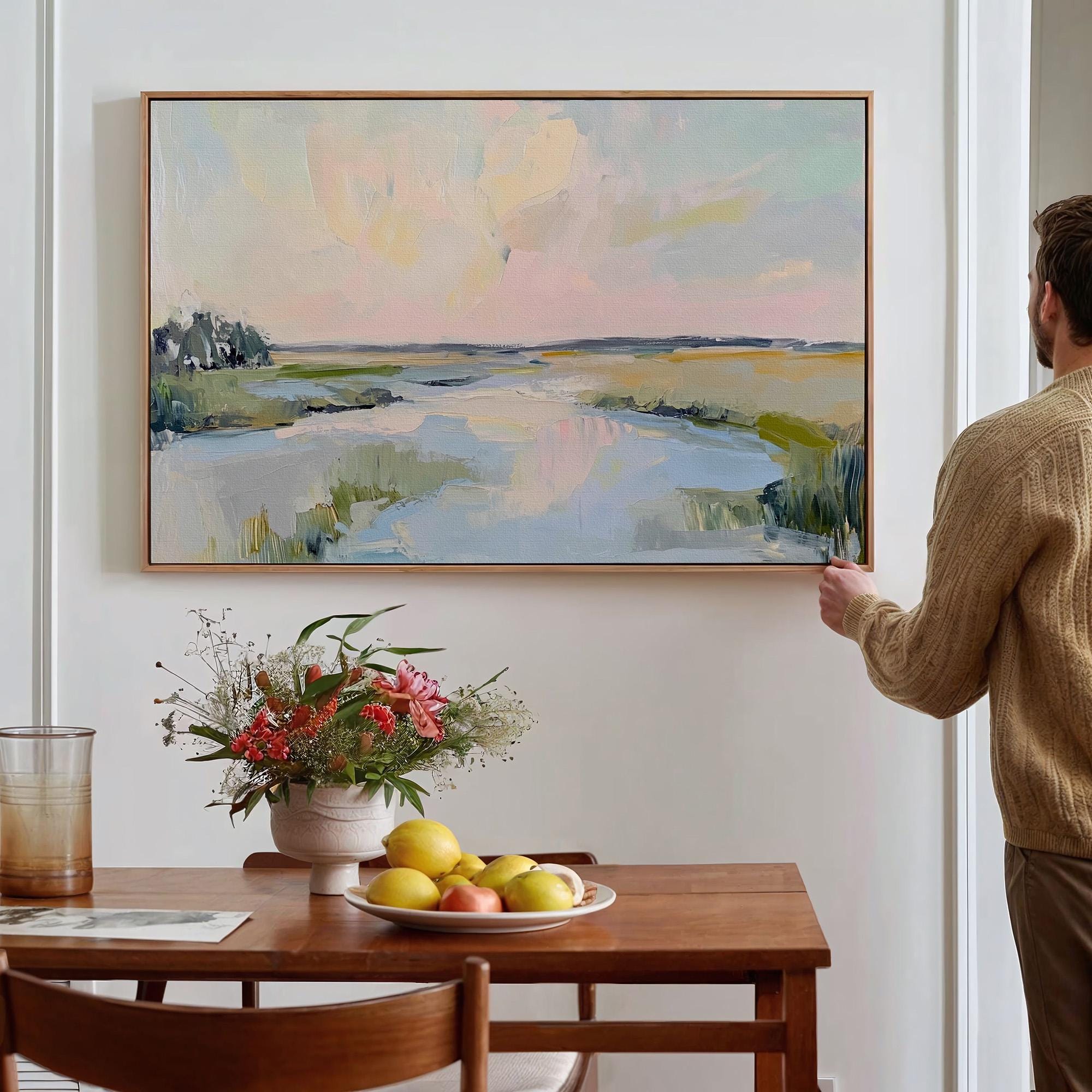 Lowcountry Marsh Fine Art Print, Elegant Coastal Landscape Painting, Thick Brushstroke Wall Art in Greens, Blues, and Su