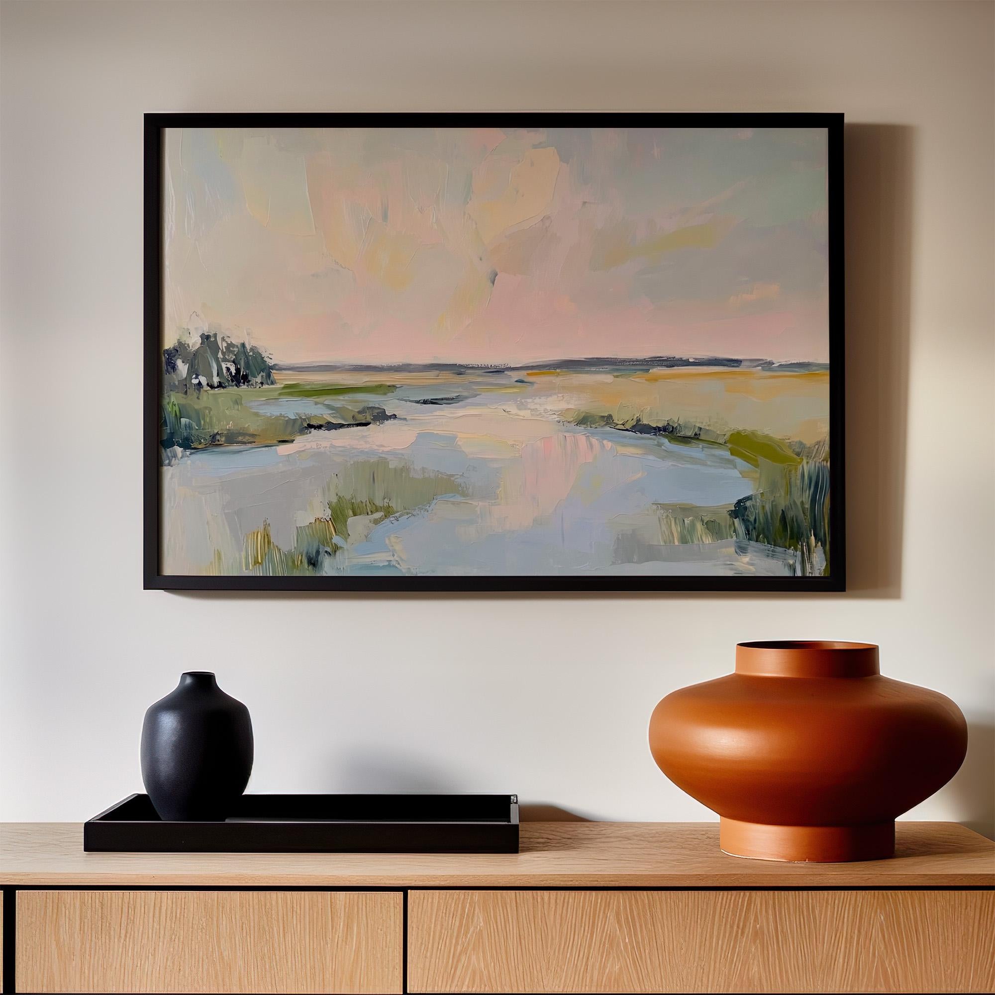 Lowcountry Marsh Fine Art Print, Elegant Coastal Landscape Painting, Thick Brushstroke Wall Art in Greens, Blues, and Su
