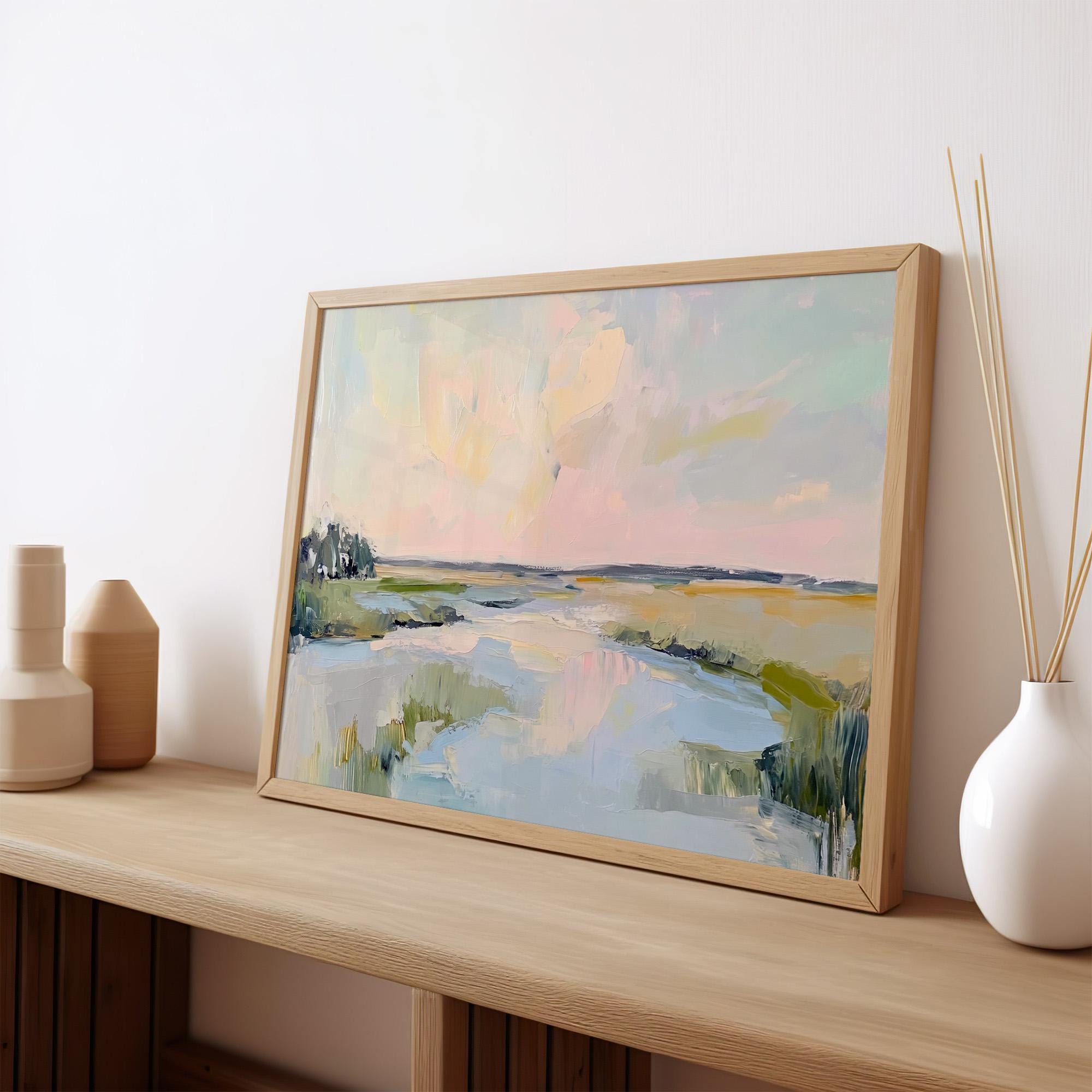 Lowcountry Marsh Fine Art Print, Elegant Coastal Landscape Painting, Thick Brushstroke Wall Art in Greens, Blues, and Su