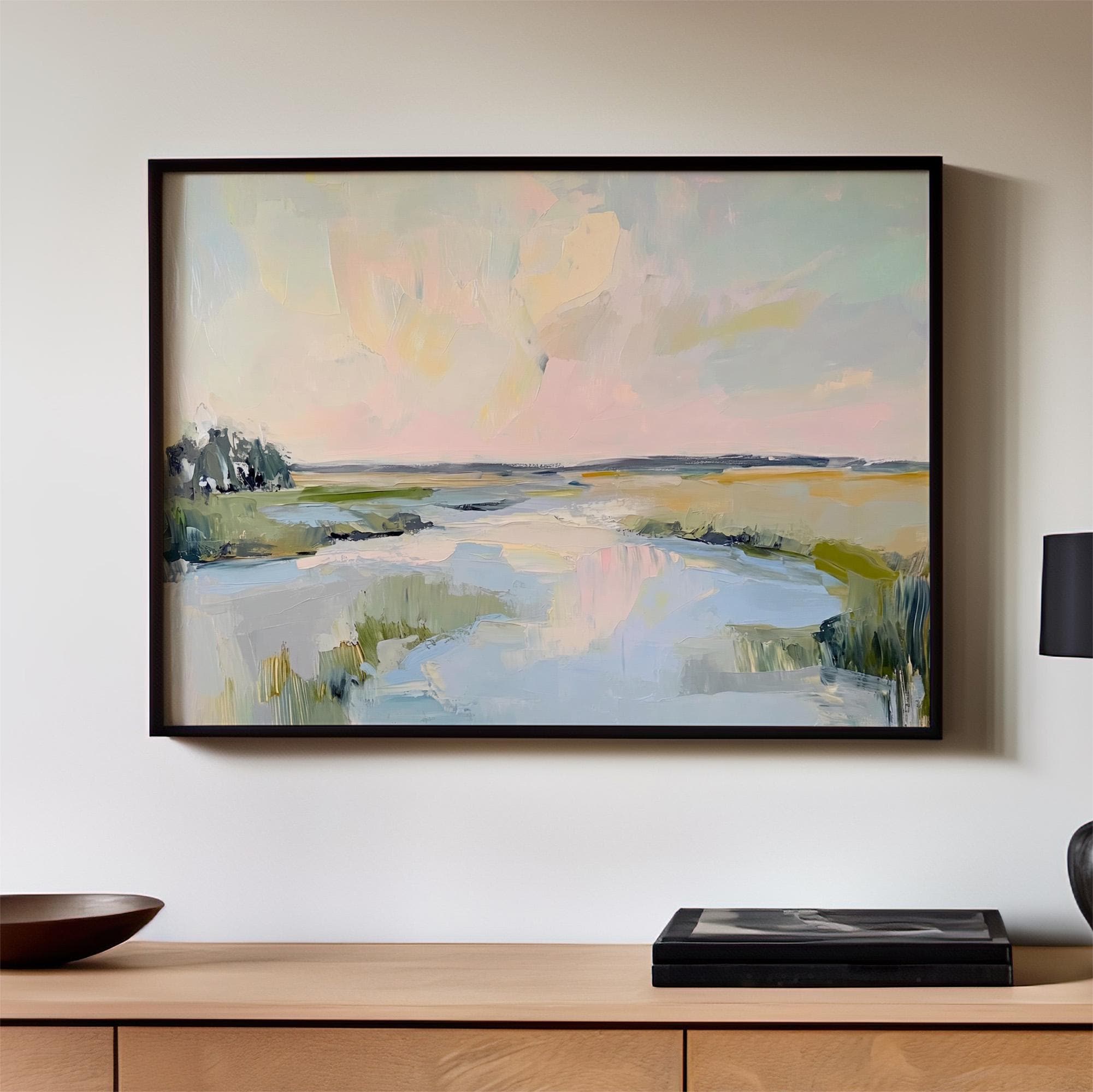 Lowcountry Marsh Fine Art Print, Elegant Coastal Landscape Painting, Thick Brushstroke Wall Art in Greens, Blues, and Su
