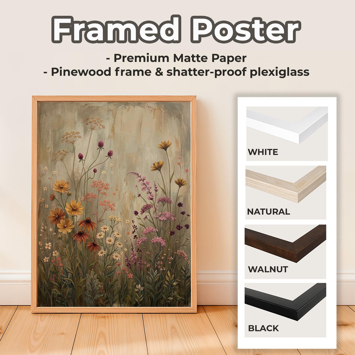 Wildflower Field Framed Wall Art, Vintage Botanical Landscape Sign, Floral Decor, Modern Farmhouse Canvas Art, Field of 