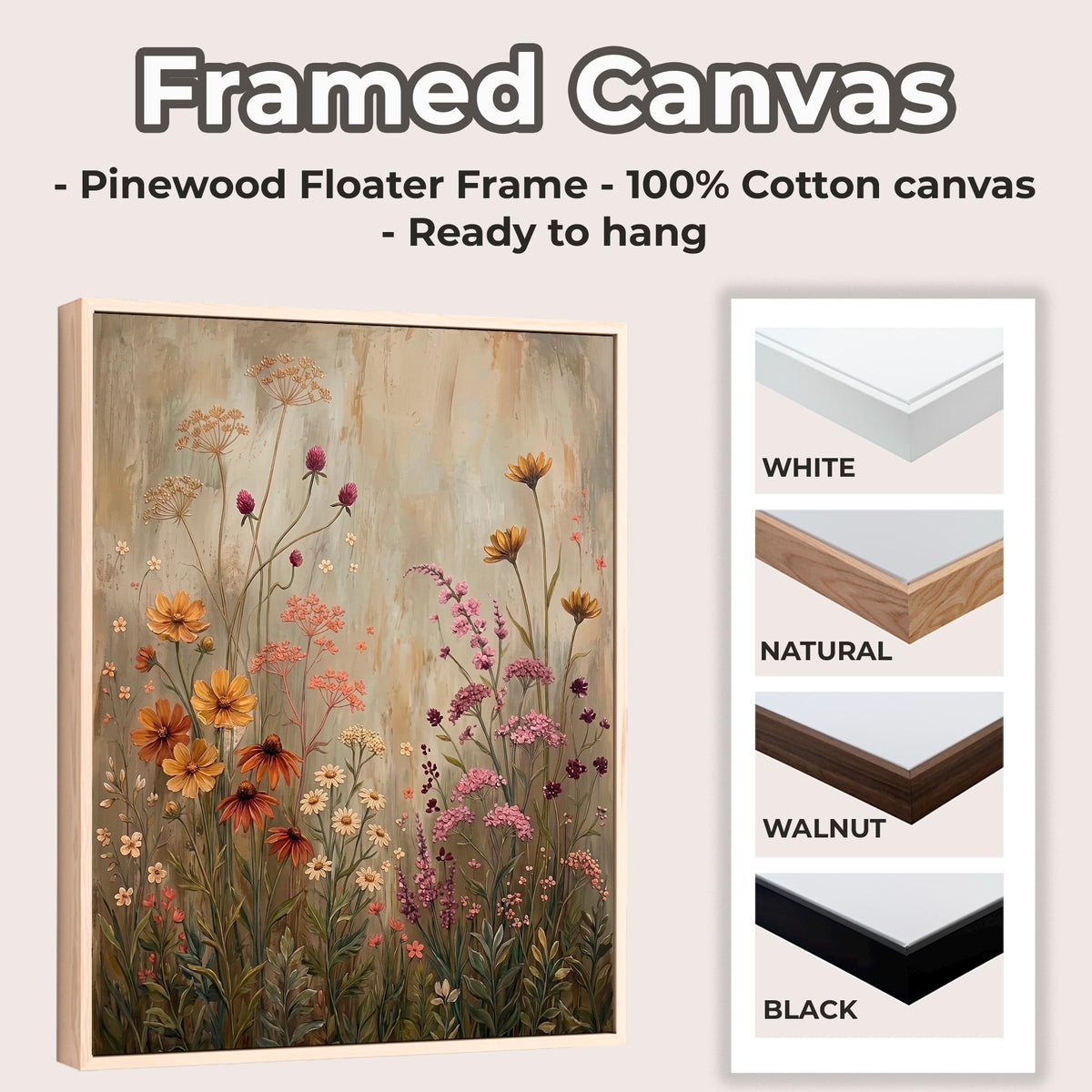 Wildflower Field Framed Wall Art, Vintage Botanical Landscape Sign, Floral Decor, Modern Farmhouse Canvas Art, Field of 