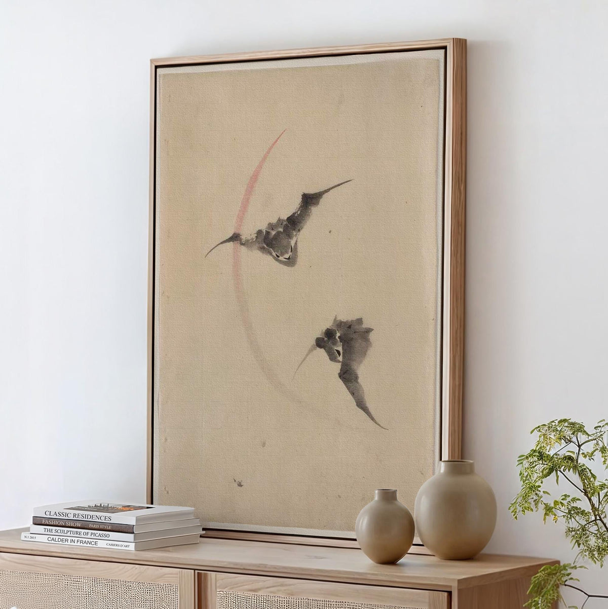 Katsushika Hokusai, Two Bats Flying - c. 1830-1850 Japanese Ink Drawing, Bat Wall Art, Moonlit Nature Decor