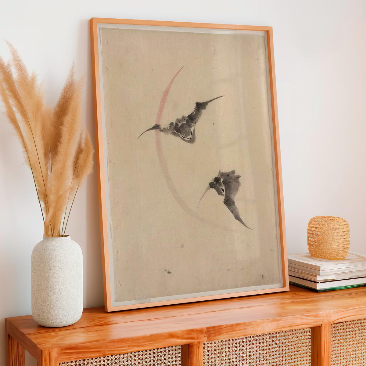 Katsushika Hokusai, Two Bats Flying - c. 1830-1850 Japanese Ink Drawing, Bat Wall Art, Moonlit Nature Decor