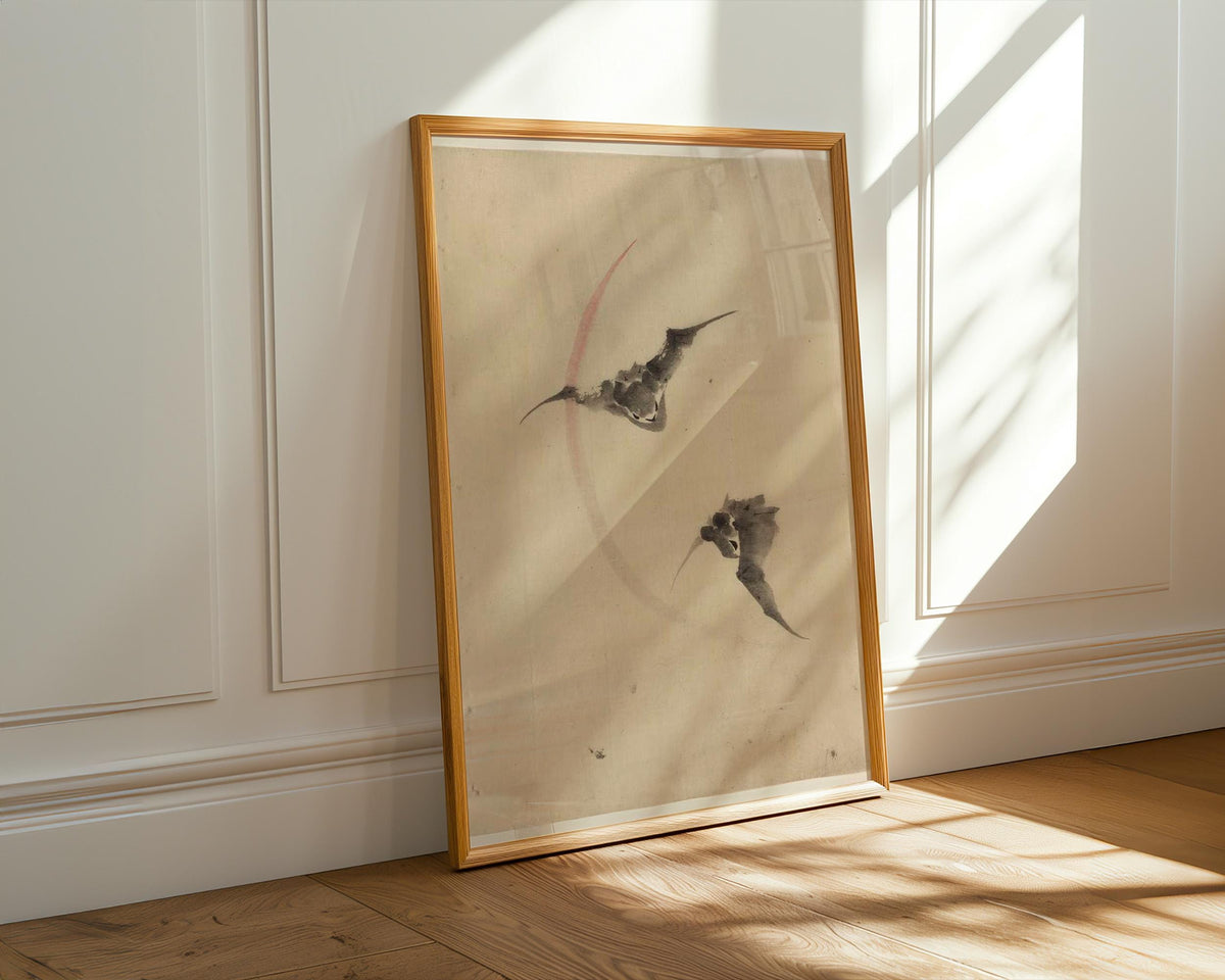 Katsushika Hokusai, Two Bats Flying - c. 1830-1850 Japanese Ink Drawing, Bat Wall Art, Moonlit Nature Decor