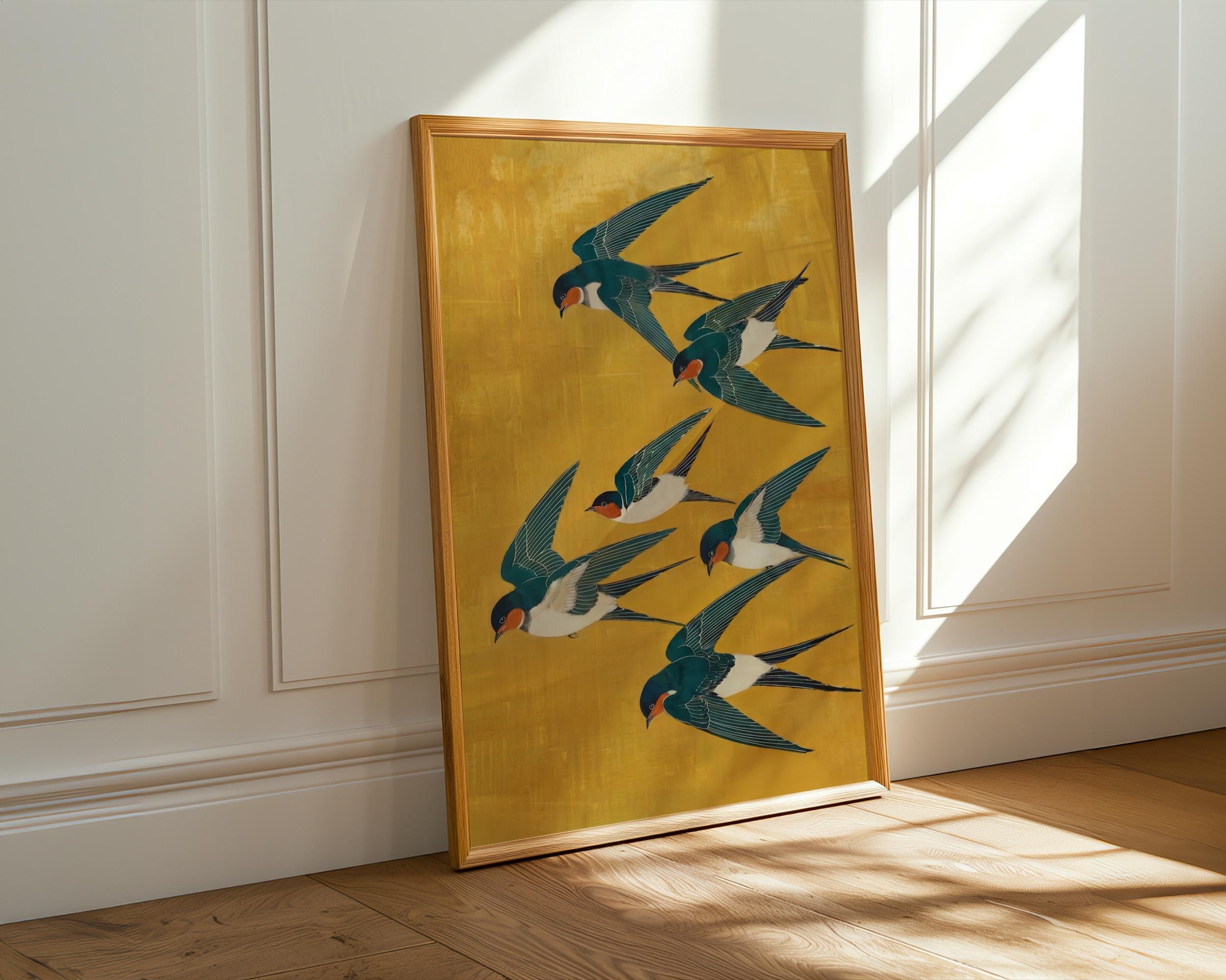 Japanese Swallow Art Print, Yellow Blue Bird Poster, Modern Vertical Animal Wall Decor, ART252