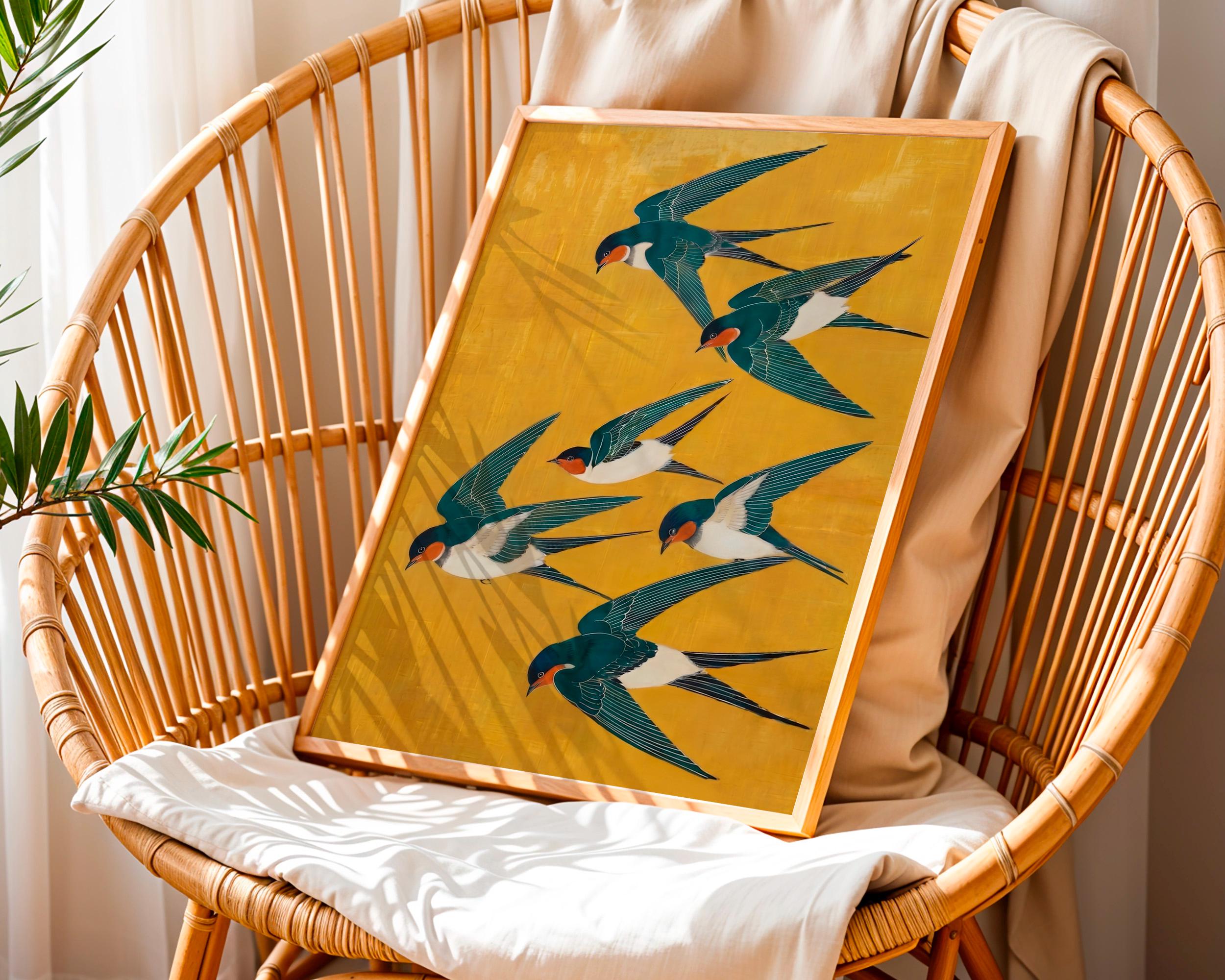 Japanese Swallow Art Print, Yellow Blue Bird Poster, Modern Vertical Animal Wall Decor, ART252