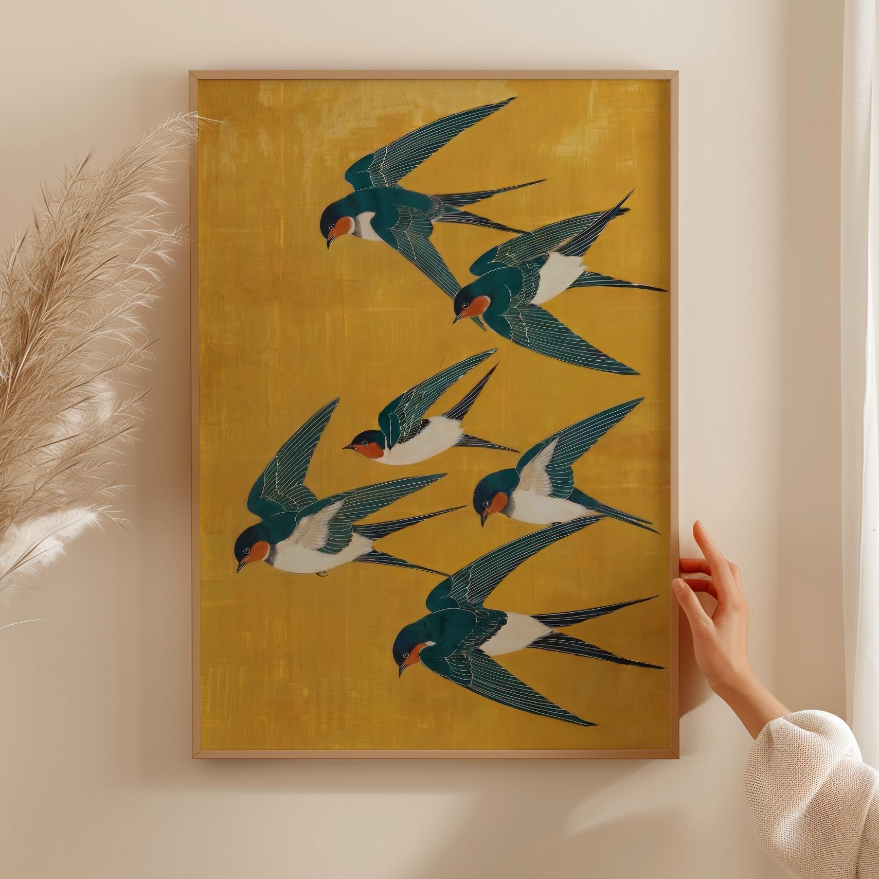 Japanese Swallow Art Print, Yellow Blue Bird Poster, Modern Vertical Animal Wall Decor, ART252