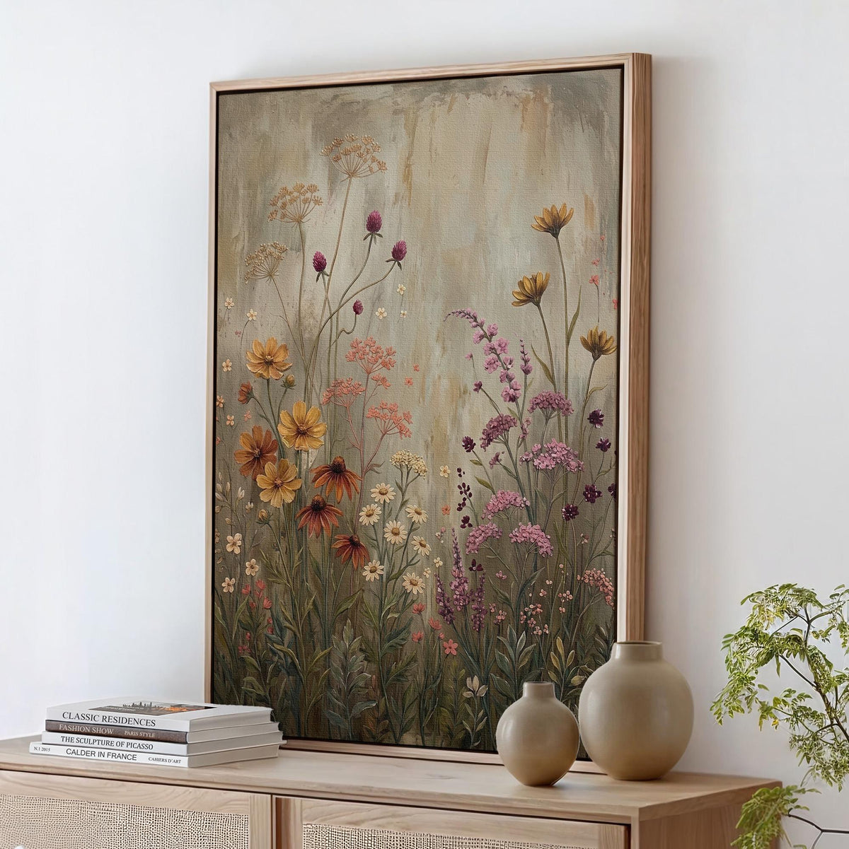 Wildflower Field Framed Wall Art, Vintage Botanical Landscape Sign, Floral Decor, Modern Farmhouse Canvas Art, Field of 