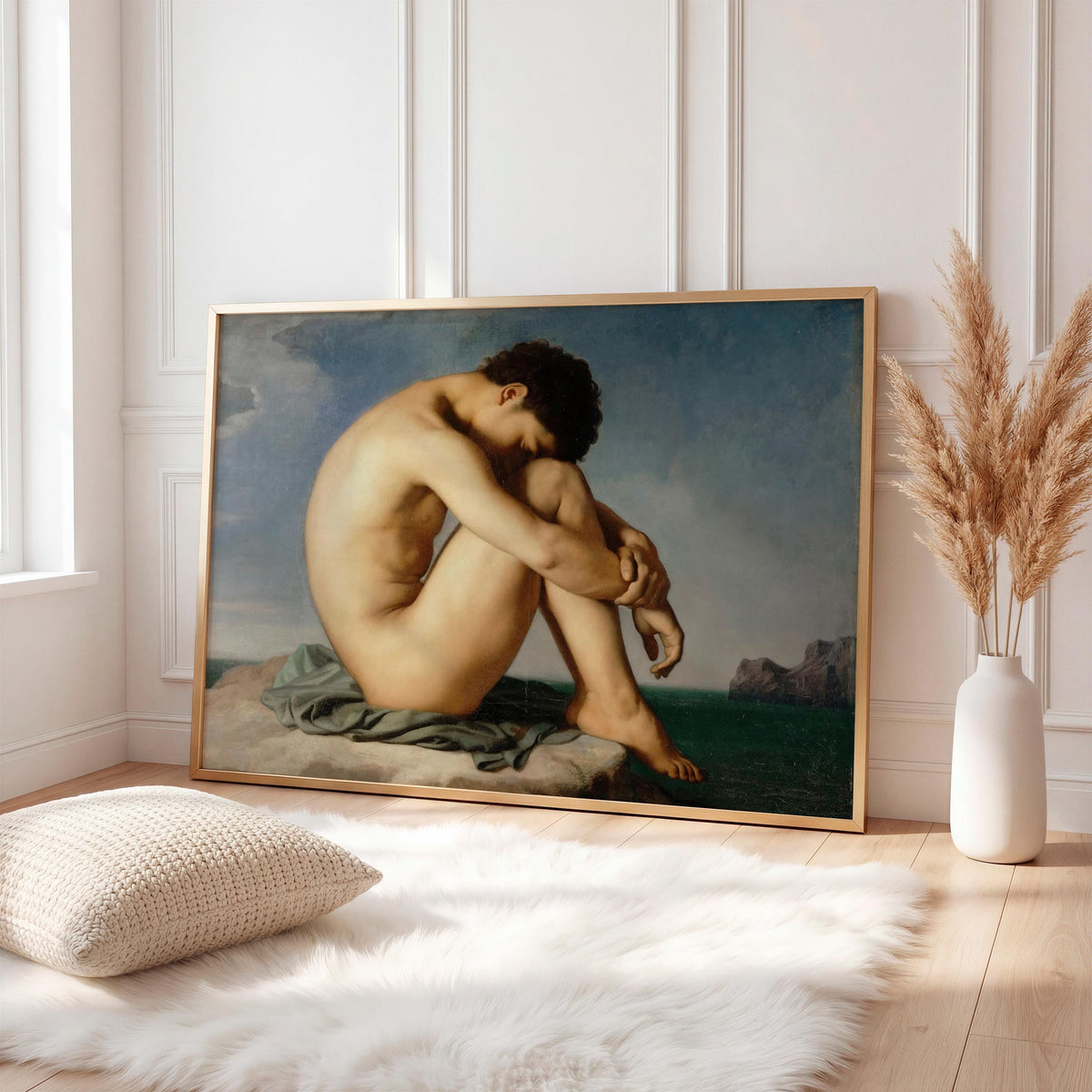 Jean-Hippolyte Flandrin, Study - Young Male Nude Seated Beside the Sea, 1835–1836, French Academic Study, Louvre Wall Ar