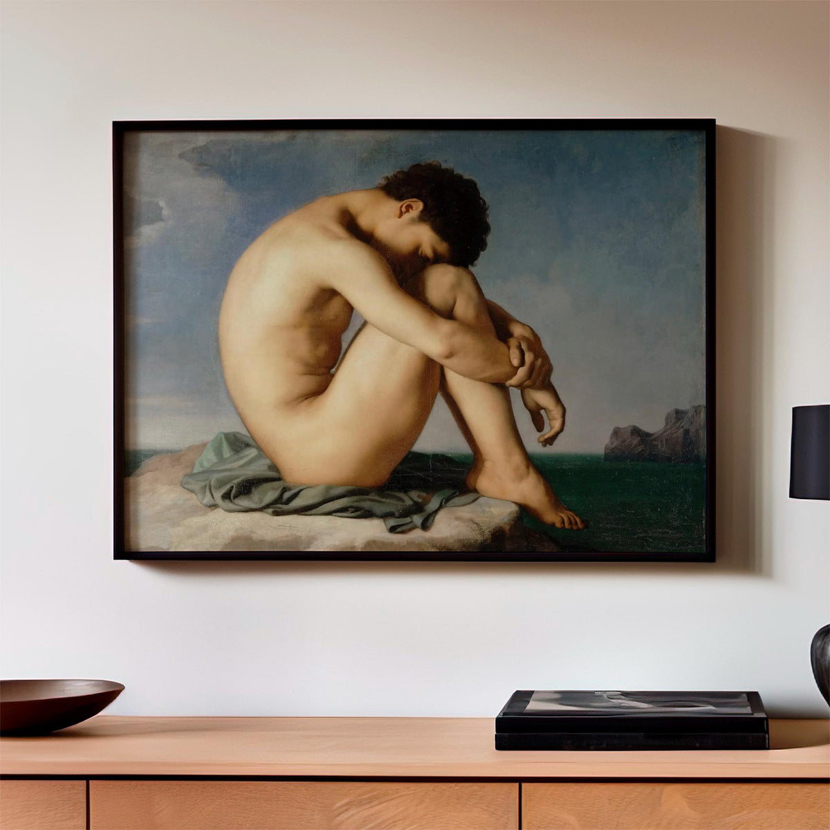 Jean-Hippolyte Flandrin, Study - Young Male Nude Seated Beside the Sea, 1835–1836, French Academic Study, Louvre Wall Ar