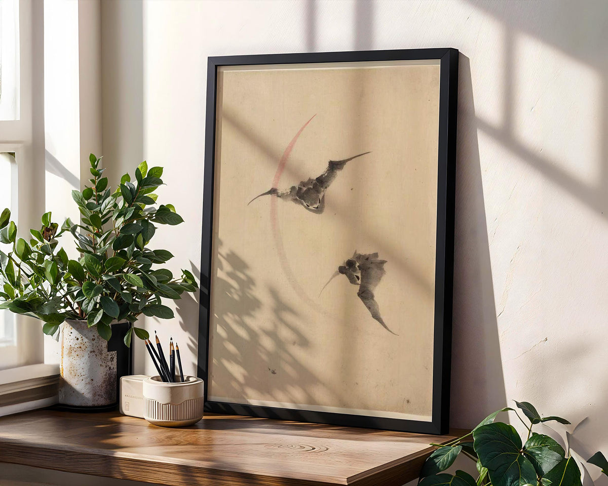 Katsushika Hokusai, Two Bats Flying - c. 1830-1850 Japanese Ink Drawing, Bat Wall Art, Moonlit Nature Decor
