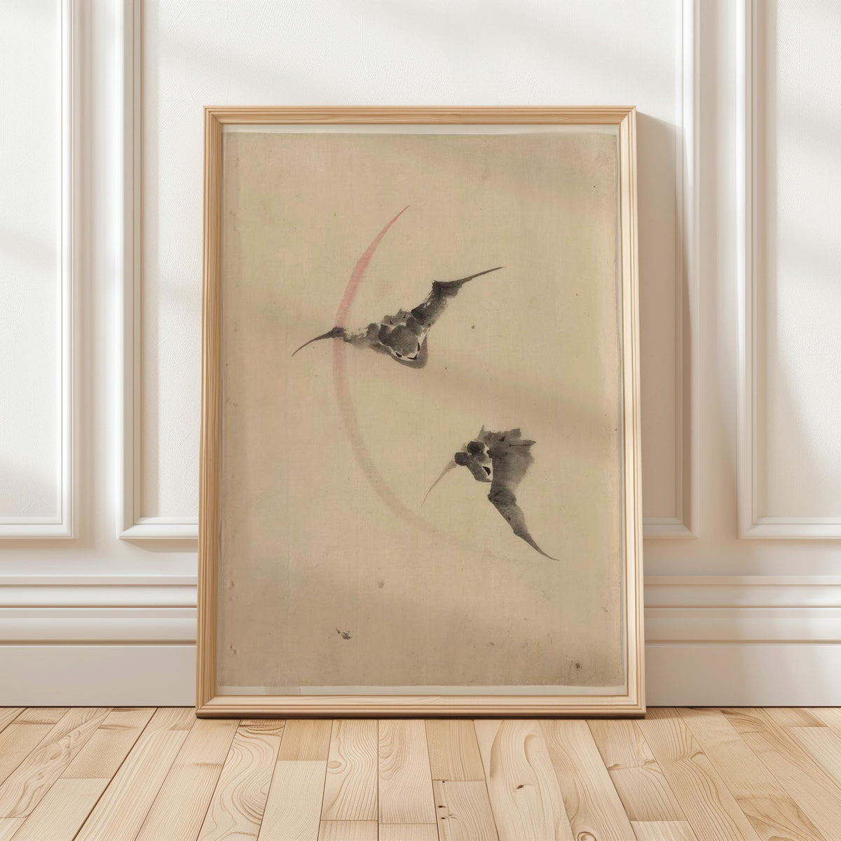 Katsushika Hokusai, Two Bats Flying - c. 1830-1850 Japanese Ink Drawing, Bat Wall Art, Moonlit Nature Decor