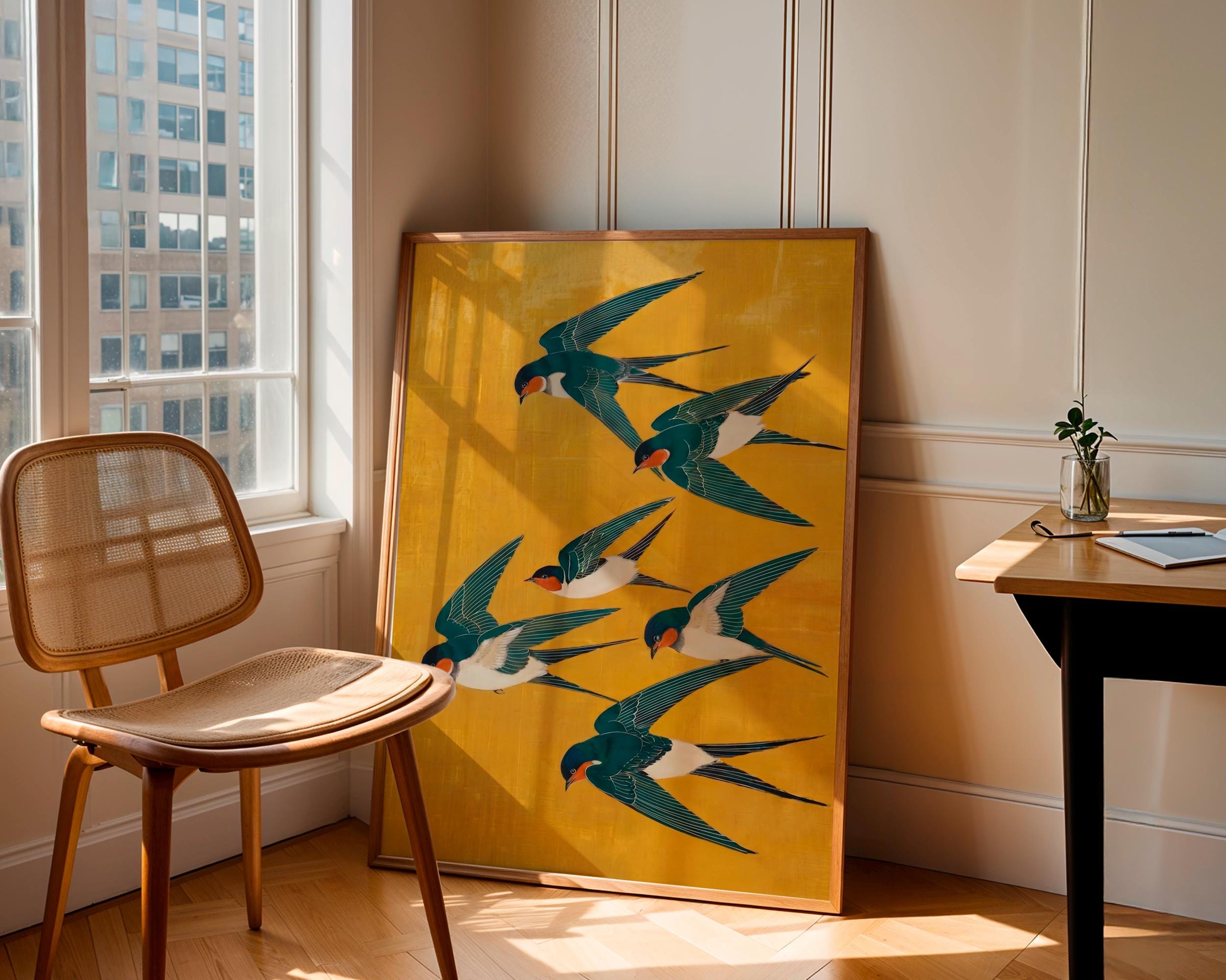 Japanese Swallow Art Print, Yellow Blue Bird Poster, Modern Vertical Animal Wall Decor, ART252