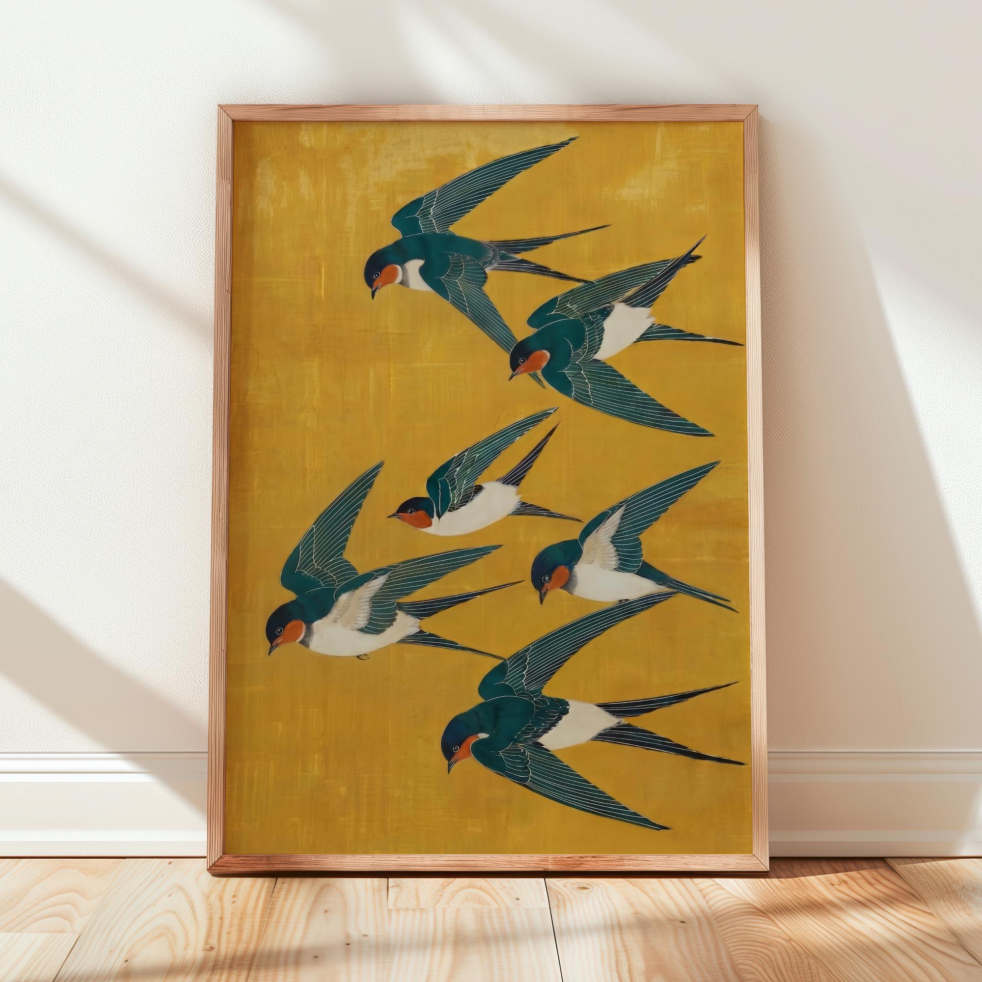 Japanese Swallow Art Print, Yellow Blue Bird Poster, Modern Vertical Animal Wall Decor, ART252