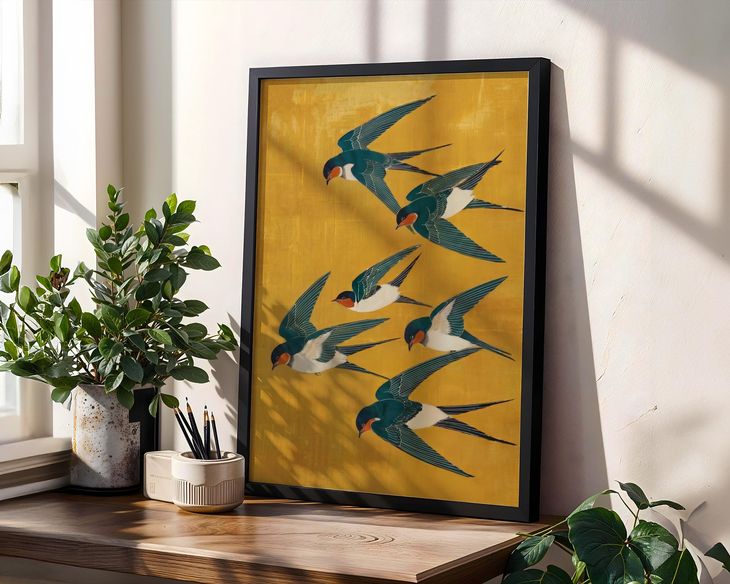 Japanese Swallow Art Print, Yellow Blue Bird Poster, Modern Vertical Animal Wall Decor, ART252