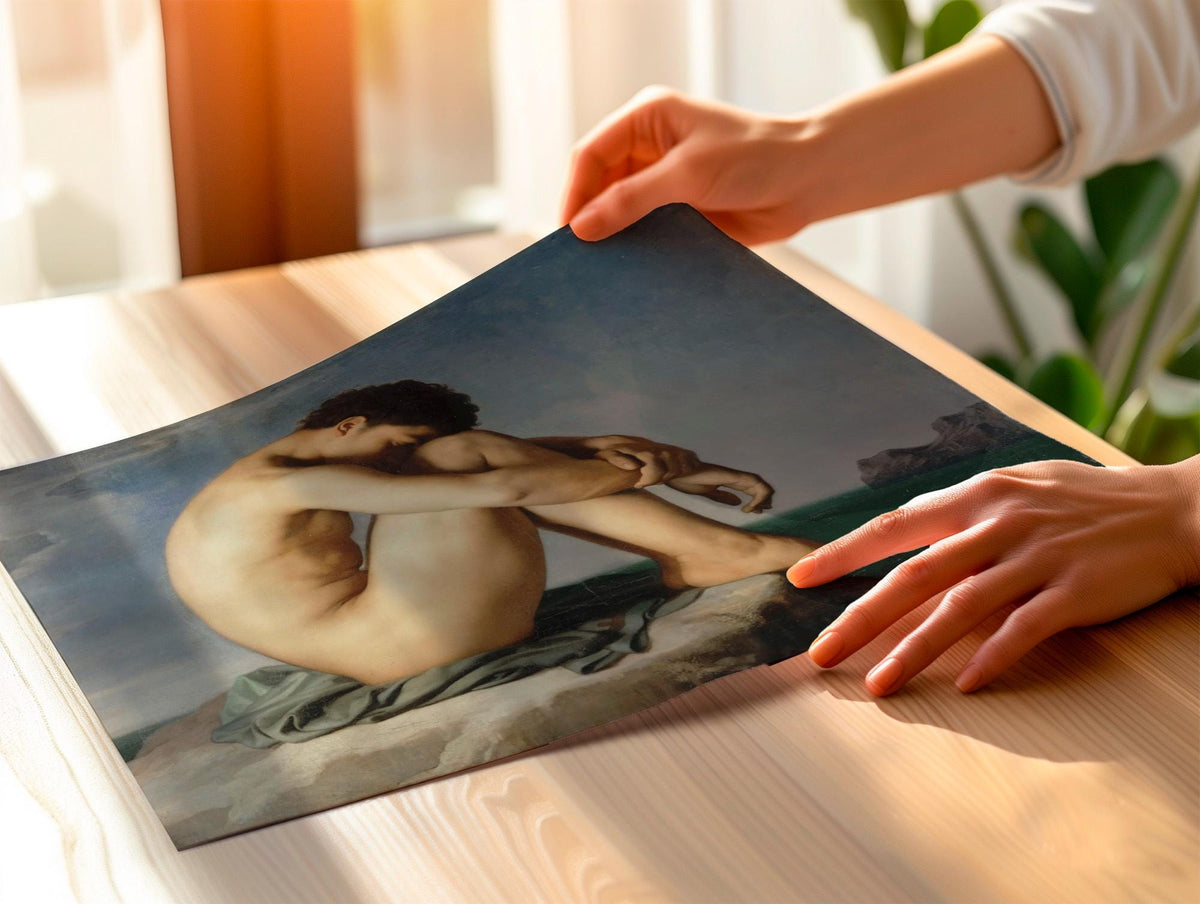 Jean-Hippolyte Flandrin, Study - Young Male Nude Seated Beside the Sea, 1835–1836, French Academic Study, Louvre Wall Ar