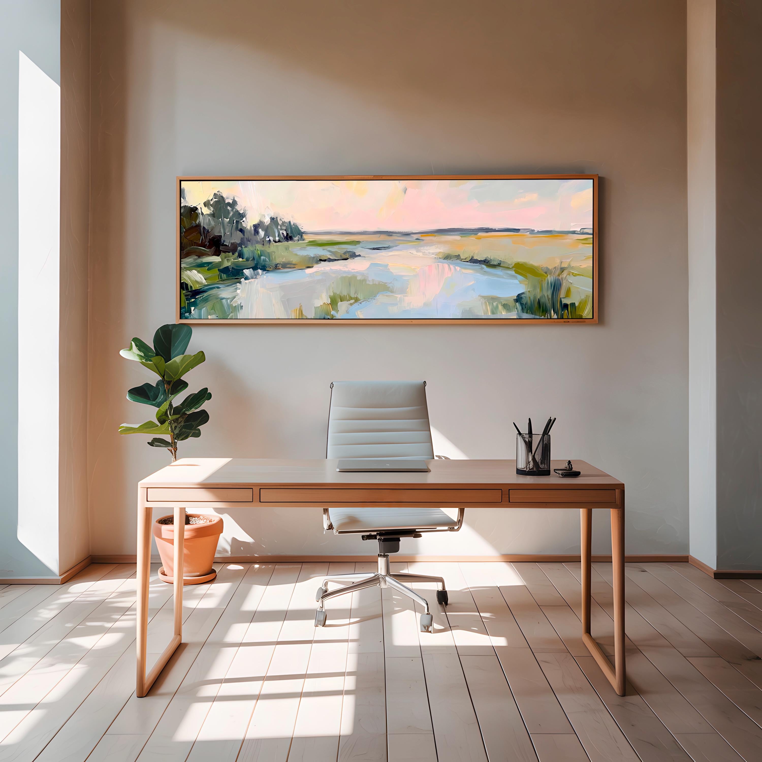 Lowcountry Marsh Framed Canvas Print, Horizontal Large Abstract Wall Art for Living Room, Pastel Sunset Decor,  ART564