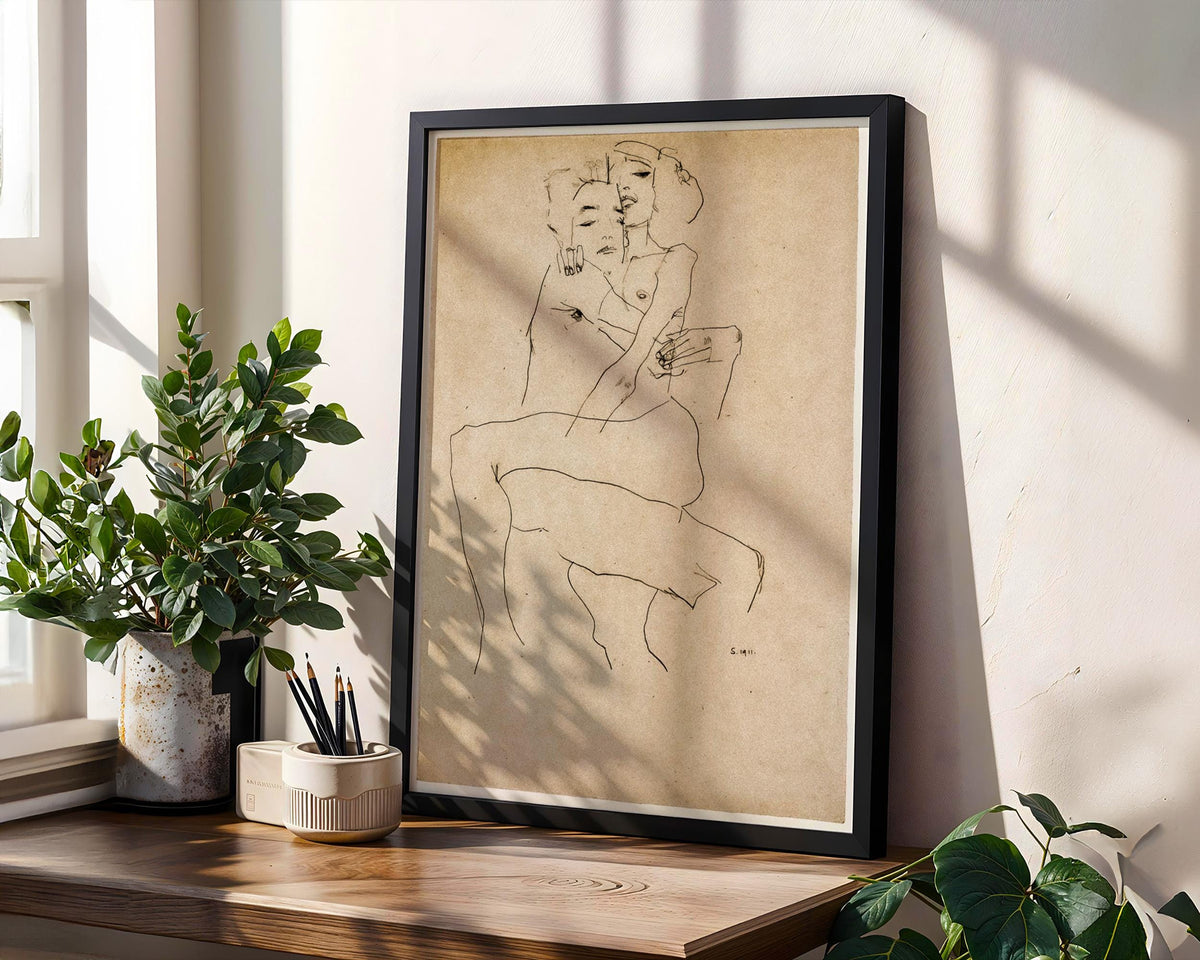Egon Schiele The Embrace (Lovers II) 1917 Romantic Expressionist Couple Painting Print, Vintage Bedroom Wall Art