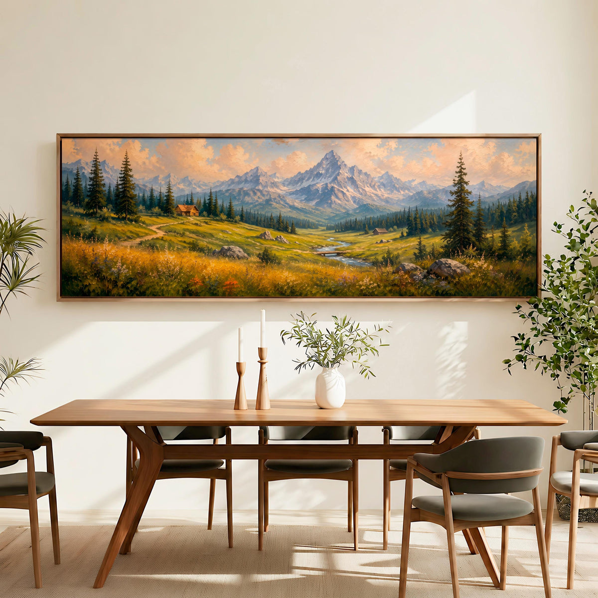 Mountain Wildflower Wall Art, Large Horizontal Framed Canvas Print for Bedroom, Vintage Washington Landscape,  ART547