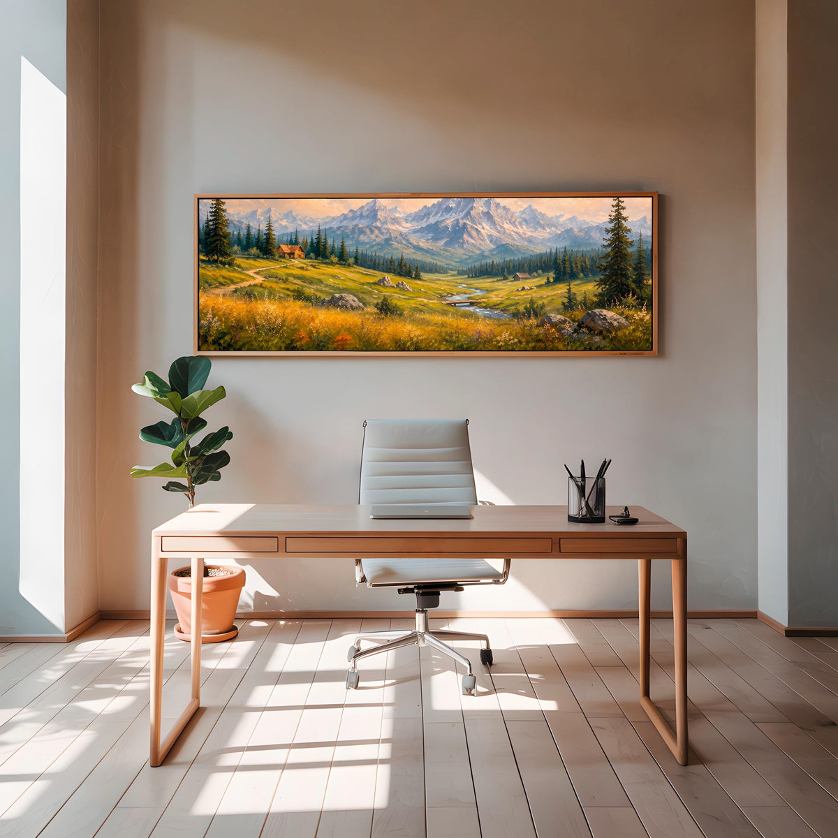 Mountain Wildflower Wall Art, Large Horizontal Framed Canvas Print for Bedroom, Vintage Washington Landscape,  ART547
