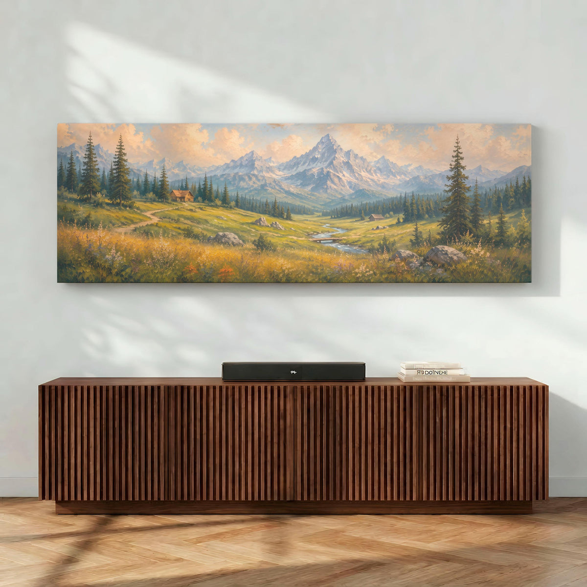 Mountain Wildflower Wall Art, Large Horizontal Framed Canvas Print for Bedroom, Vintage Washington Landscape,  ART547