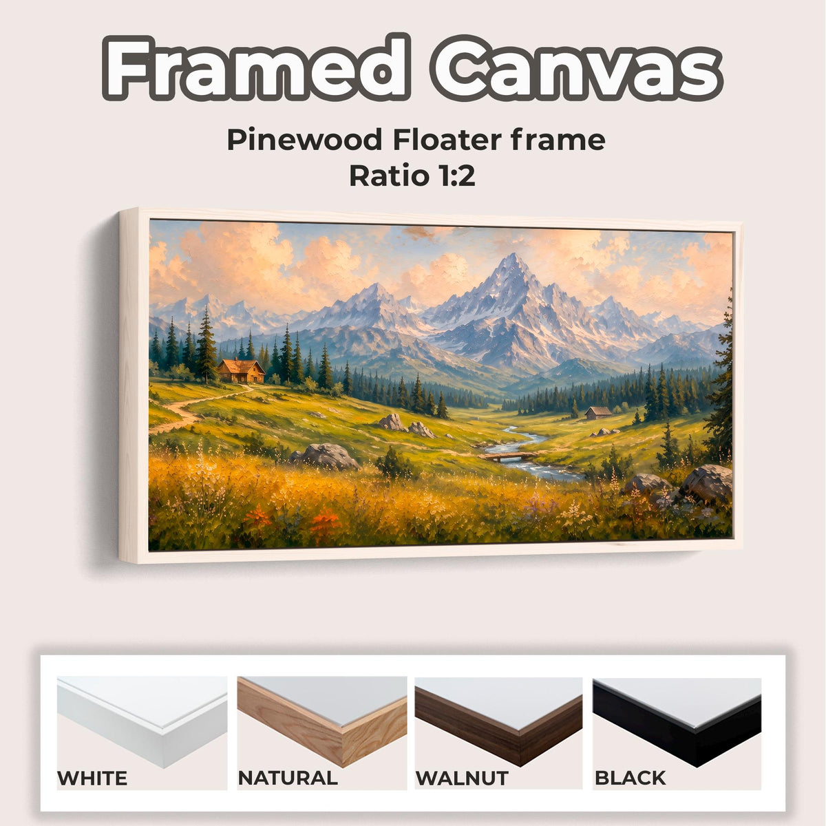 Mountain Wildflower Wall Art, Large Horizontal Framed Canvas Print for Bedroom, Vintage Washington Landscape,  ART547