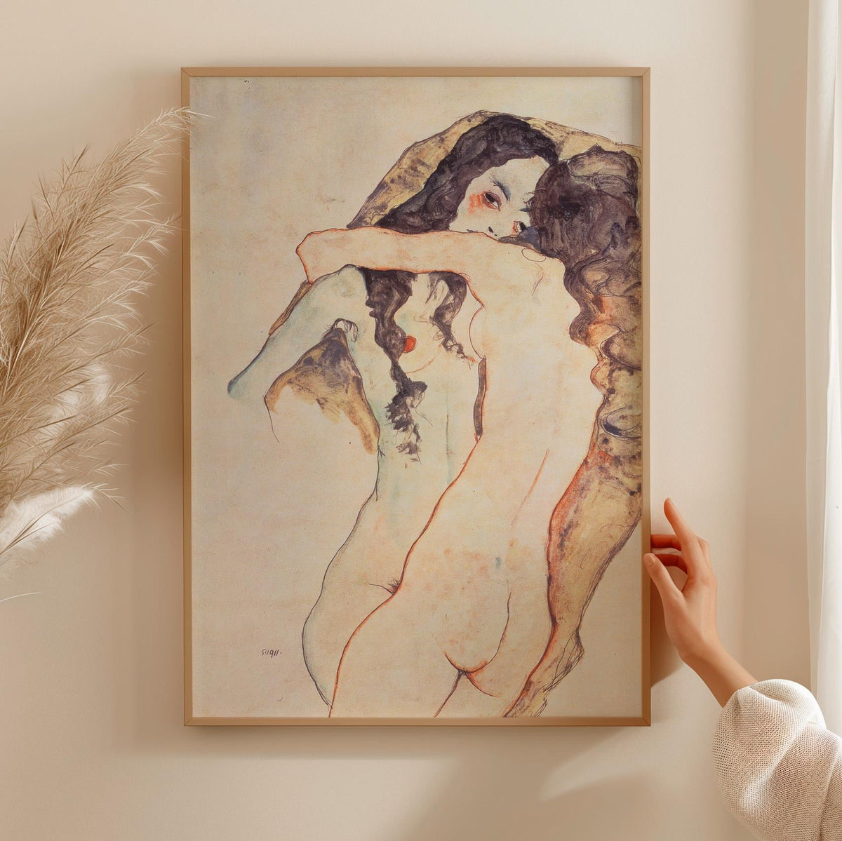 Egon Schiele Two Women Embracing 1915 Expressionist Lesbian Couple Drawing Print, Romantic Vintage Art Wall Decor