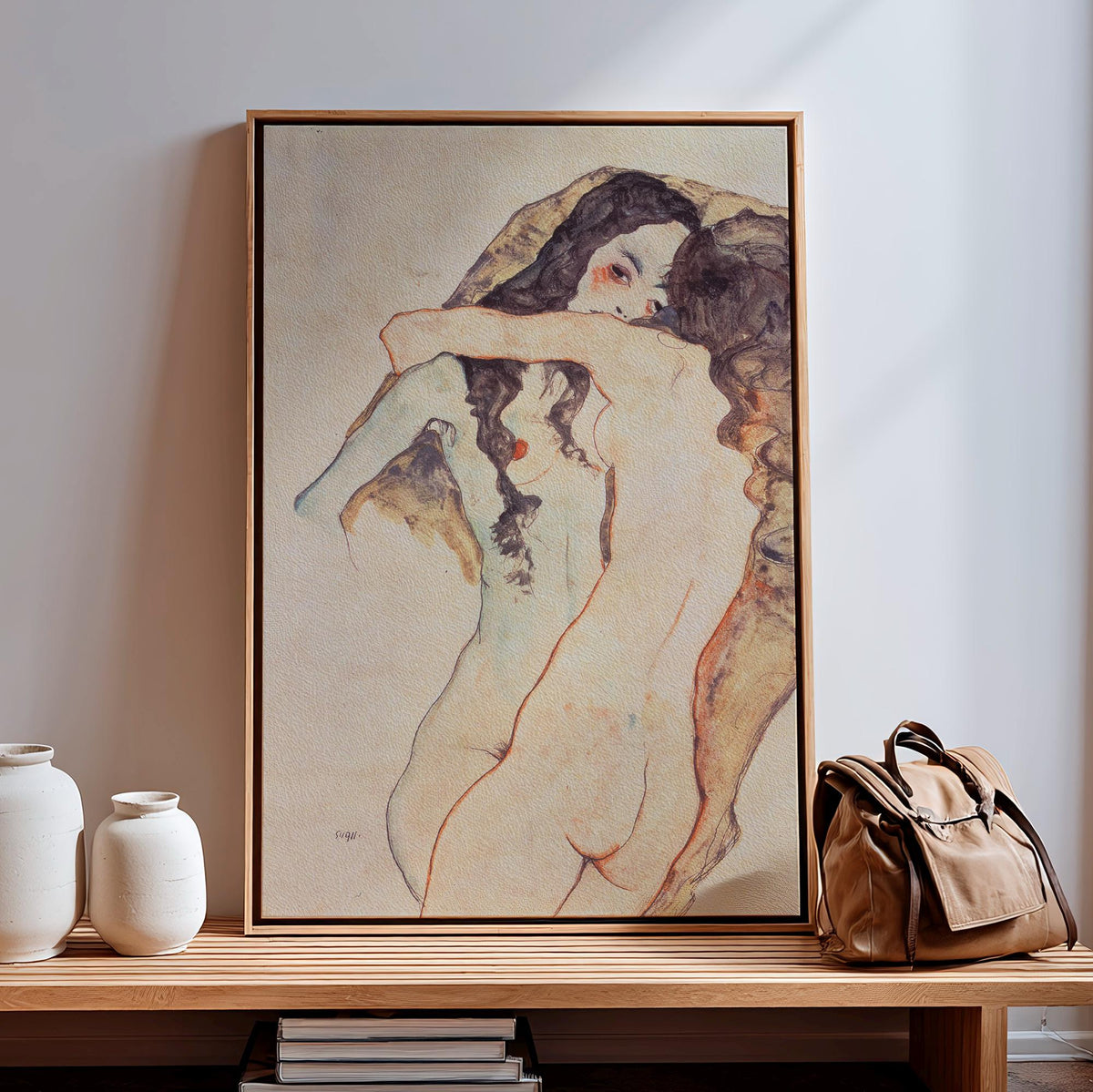 Egon Schiele Two Women Embracing 1915 Expressionist Lesbian Couple Drawing Print, Romantic Vintage Art Wall Decor