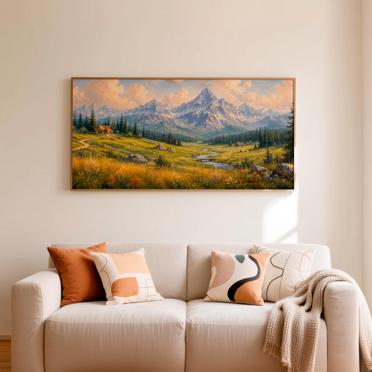 Mountain Wildflower Wall Art, Large Horizontal Framed Canvas Print for Bedroom, Vintage Washington Landscape,  ART547