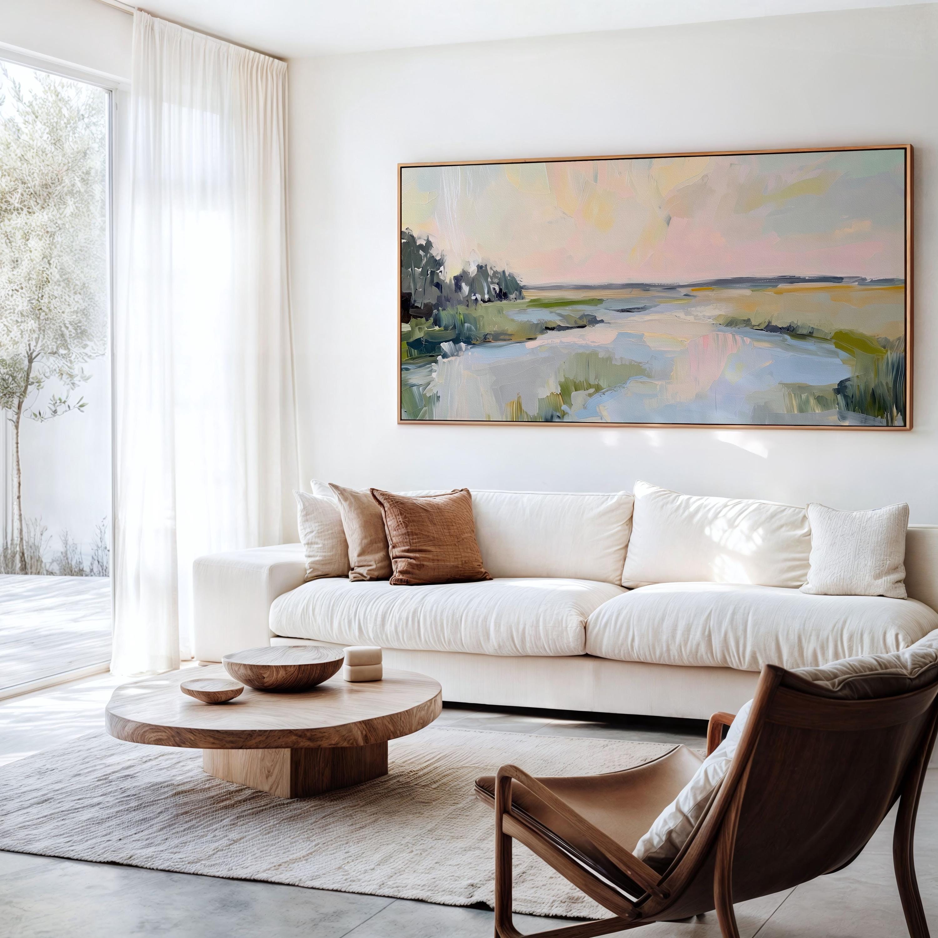 Lowcountry Marsh Framed Canvas Print, Horizontal Large Abstract Wall Art for Living Room, Pastel Sunset Decor,  ART564