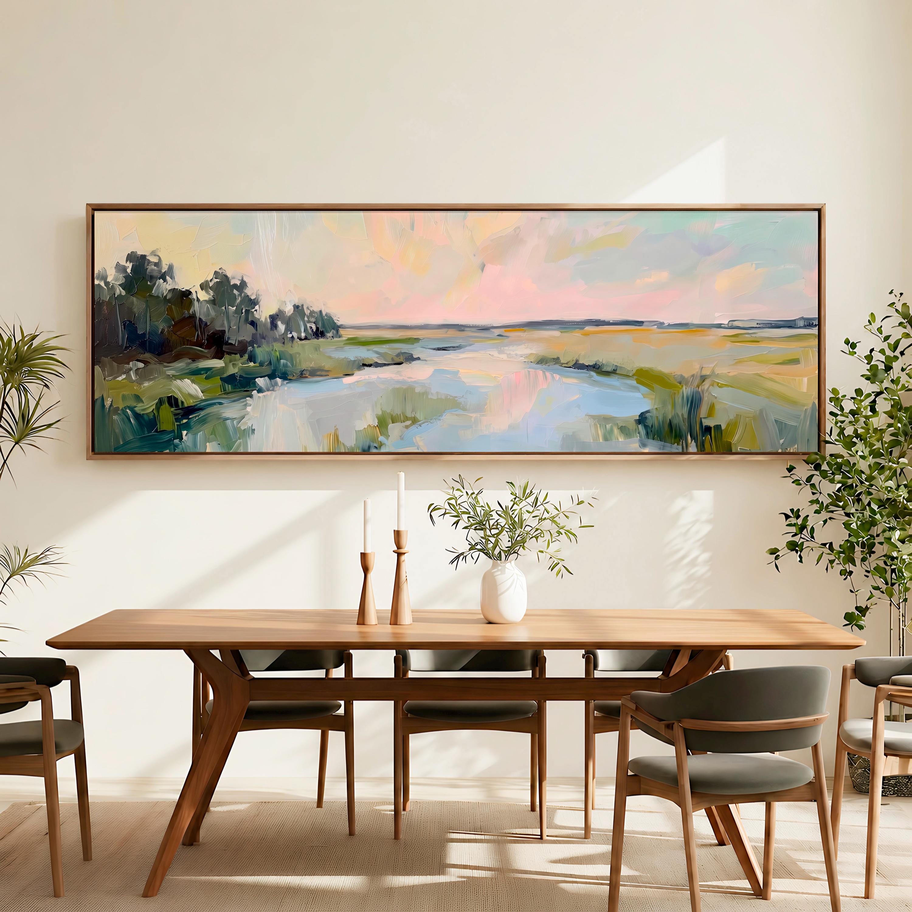 Lowcountry Marsh Framed Canvas Print, Horizontal Large Abstract Wall Art for Living Room, Pastel Sunset Decor,  ART564