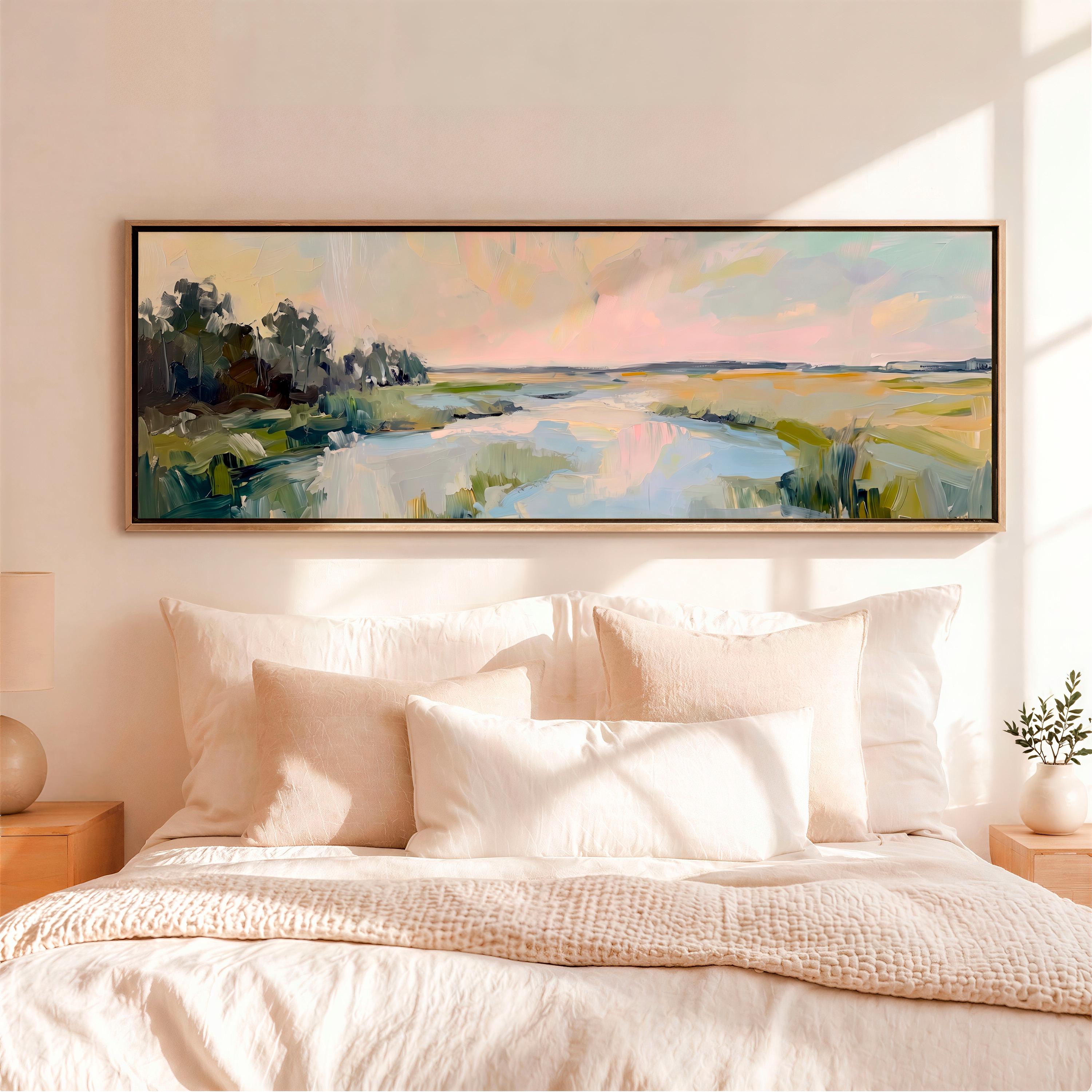 Lowcountry Marsh Framed Canvas Print, Horizontal Large Abstract Wall Art for Living Room, Pastel Sunset Decor,  ART564