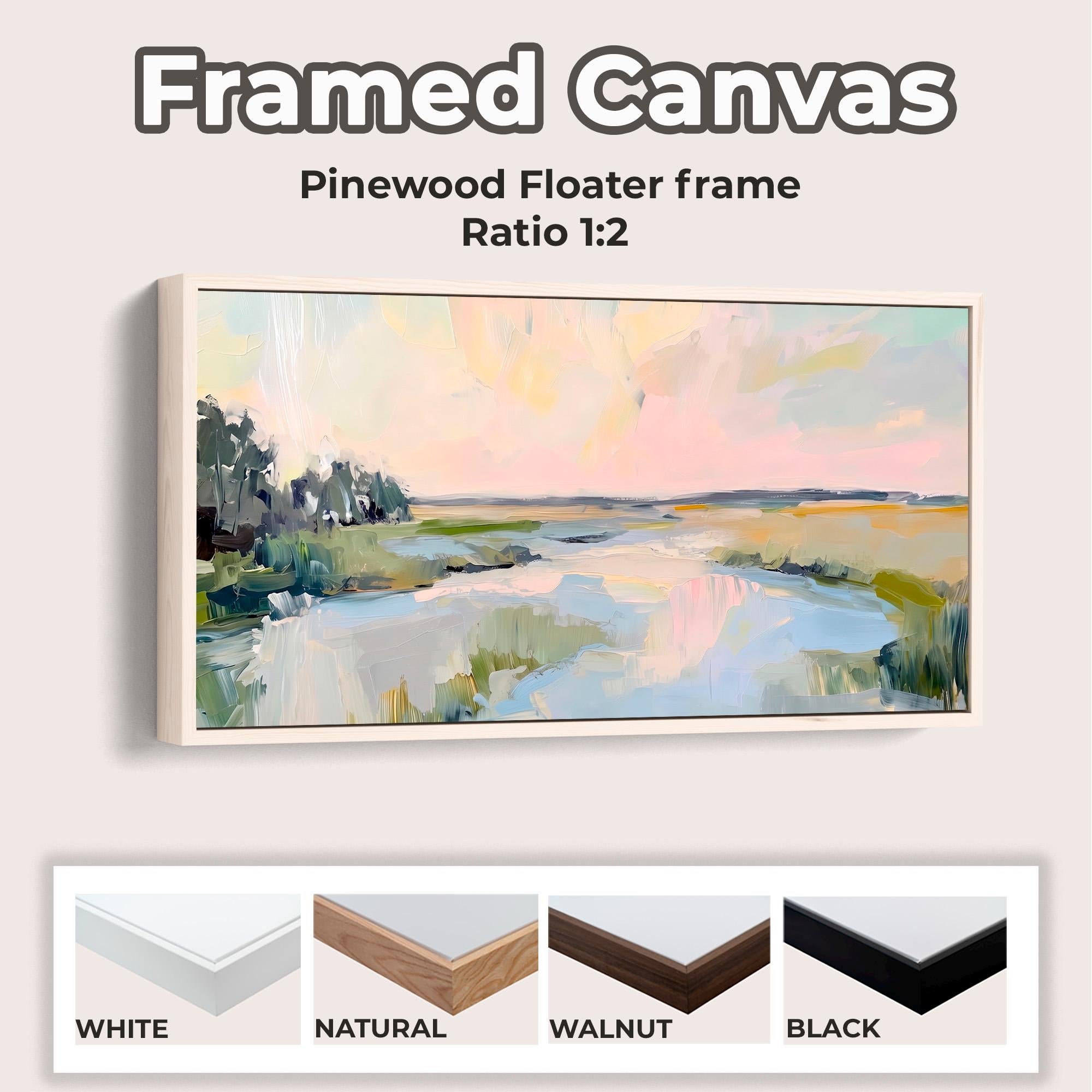Lowcountry Marsh Framed Canvas Print, Horizontal Large Abstract Wall Art for Living Room, Pastel Sunset Decor,  ART564