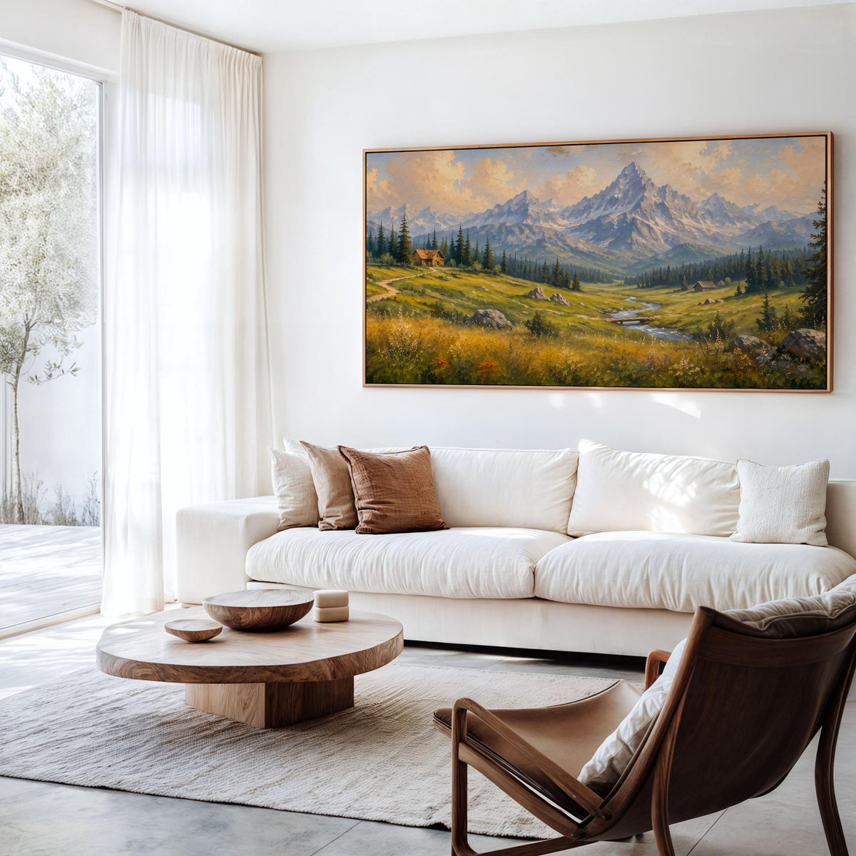 Mountain Wildflower Wall Art, Large Horizontal Framed Canvas Print for Bedroom, Vintage Washington Landscape,  ART547
