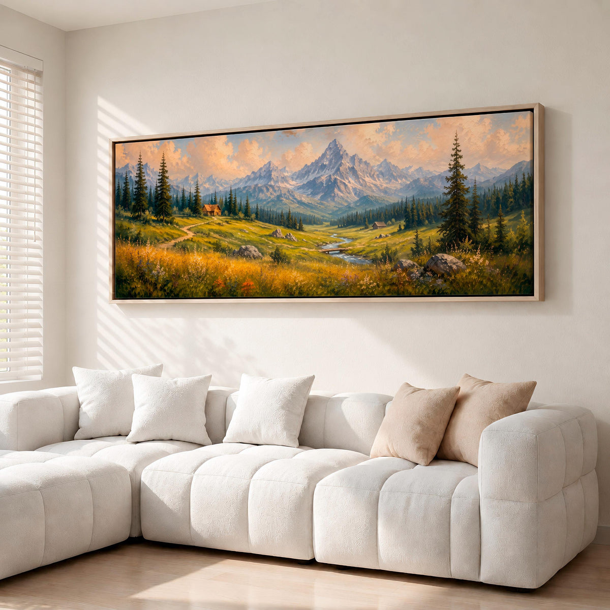 Mountain Wildflower Wall Art, Large Horizontal Framed Canvas Print for Bedroom, Vintage Washington Landscape,  ART547