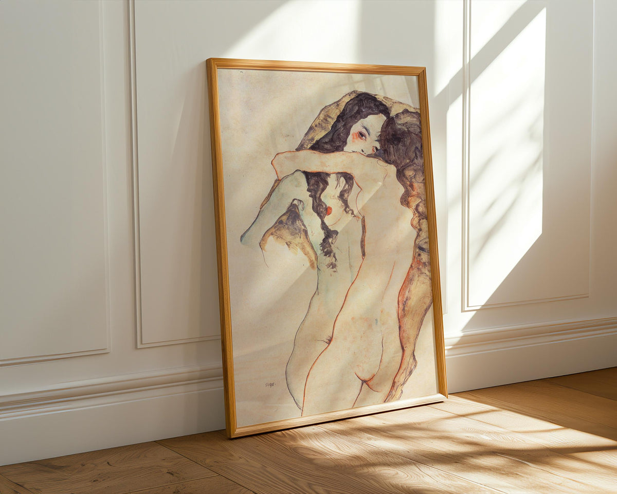 Egon Schiele Two Women Embracing 1915 Expressionist Lesbian Couple Drawing Print, Romantic Vintage Art Wall Decor
