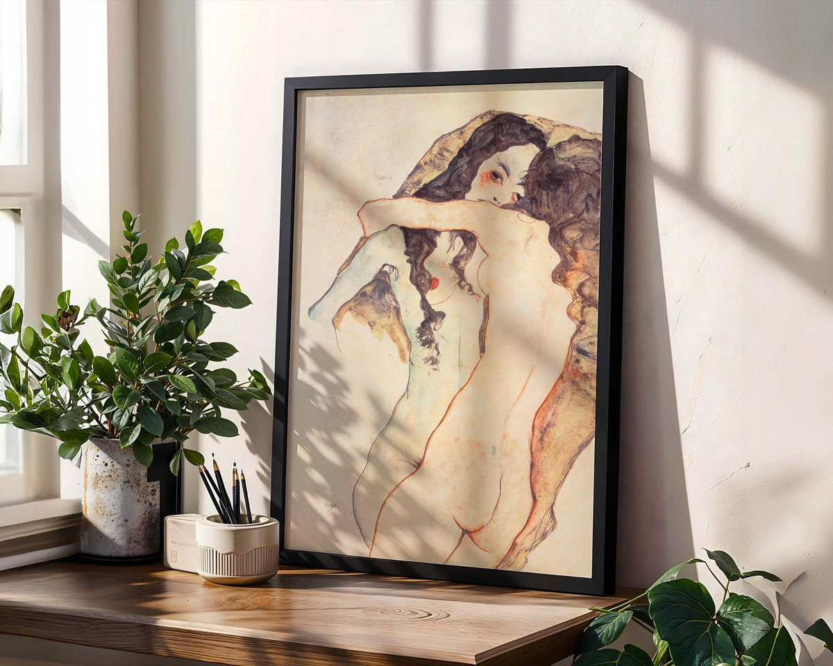 Egon Schiele Two Women Embracing 1915 Expressionist Lesbian Couple Drawing Print, Romantic Vintage Art Wall Decor