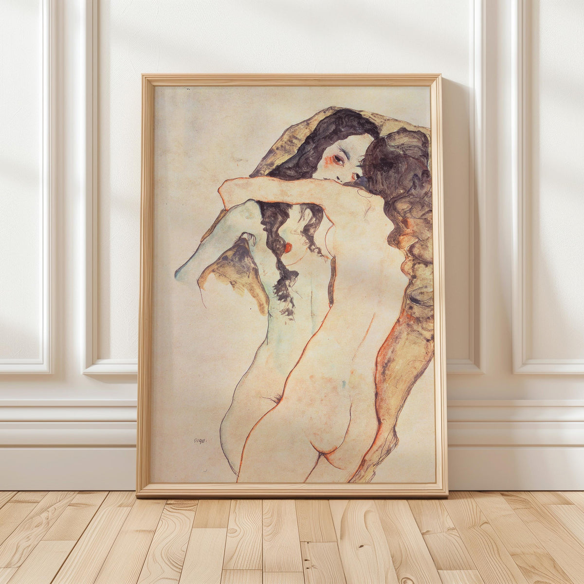 Egon Schiele Two Women Embracing 1915 Expressionist Lesbian Couple Drawing Print, Romantic Vintage Art Wall Decor