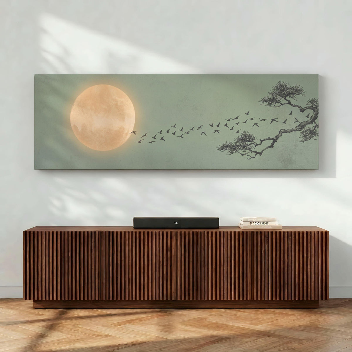 Japandi Flying Birds Framed Canvas Art, Sage Green Full Moon Wall Decor, Large Horizontal Print for Living Room,  ART366