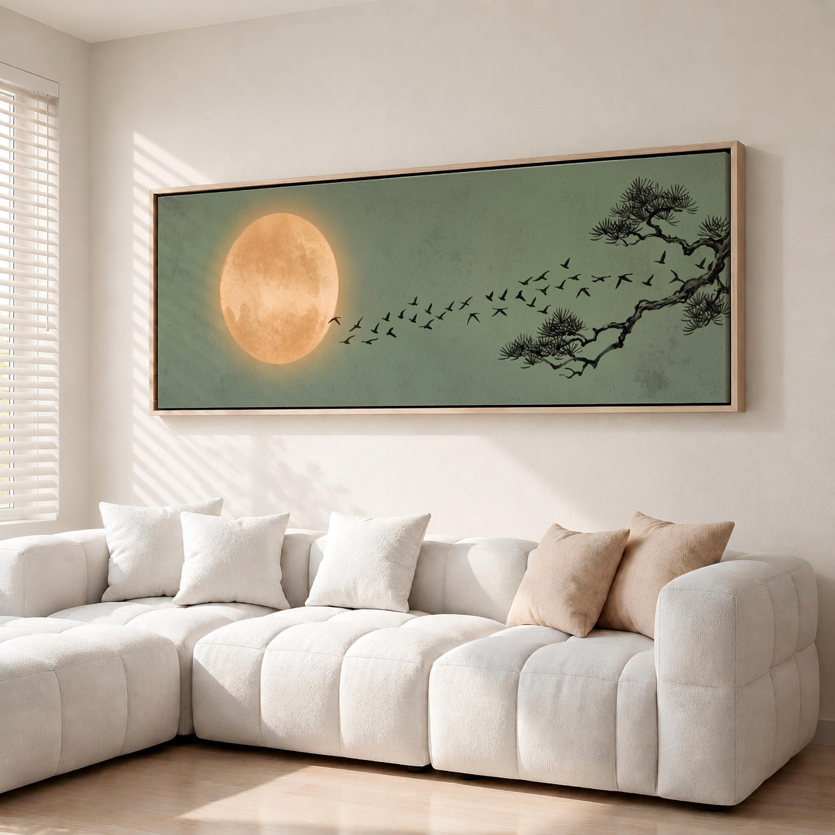 Japandi Flying Birds Framed Canvas Art, Sage Green Full Moon Wall Decor, Large Horizontal Print for Living Room,  ART366