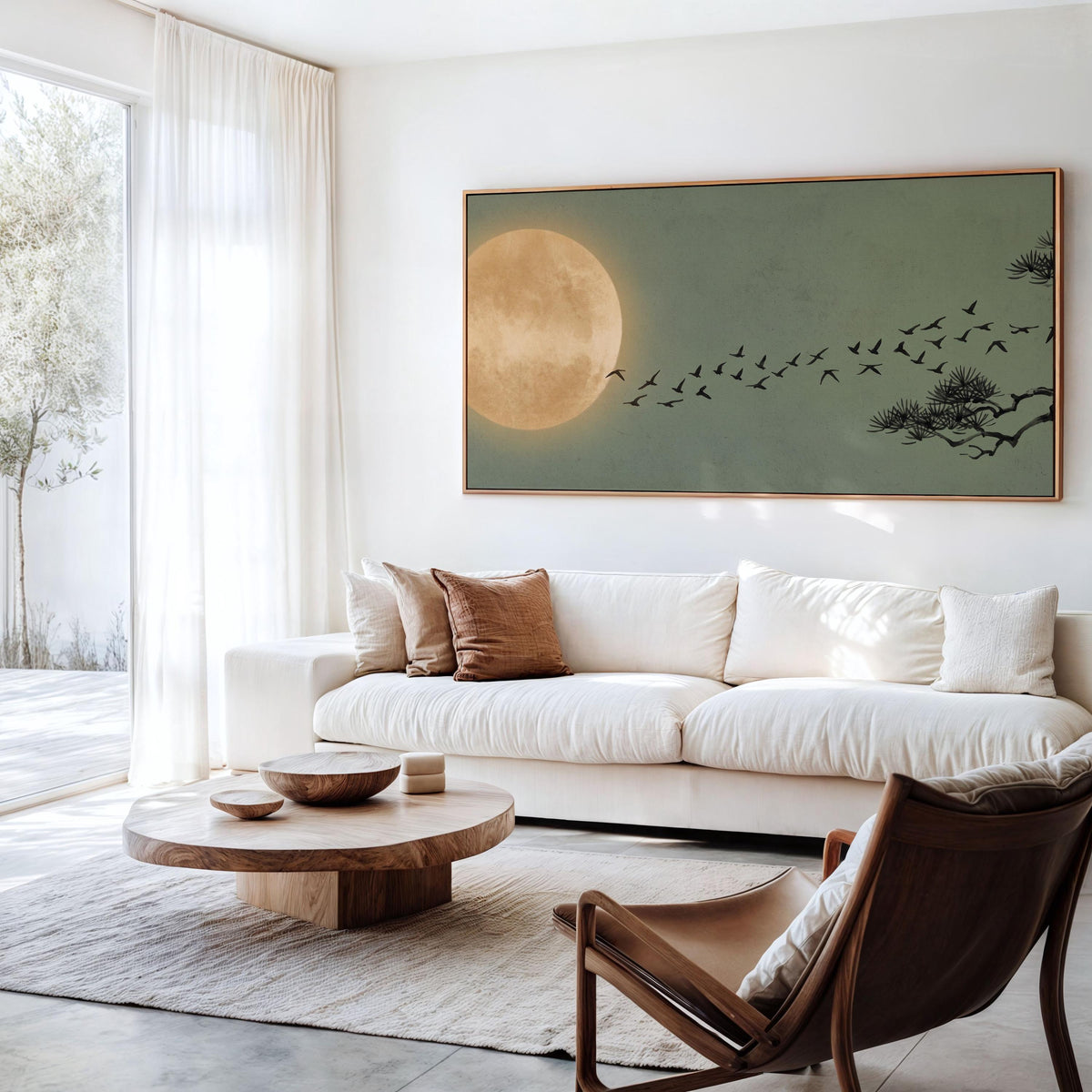 Japandi Flying Birds Framed Canvas Art, Sage Green Full Moon Wall Decor, Large Horizontal Print for Living Room,  ART366