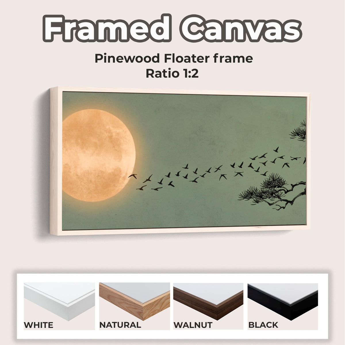 Japandi Flying Birds Framed Canvas Art, Sage Green Full Moon Wall Decor, Large Horizontal Print for Living Room,  ART366