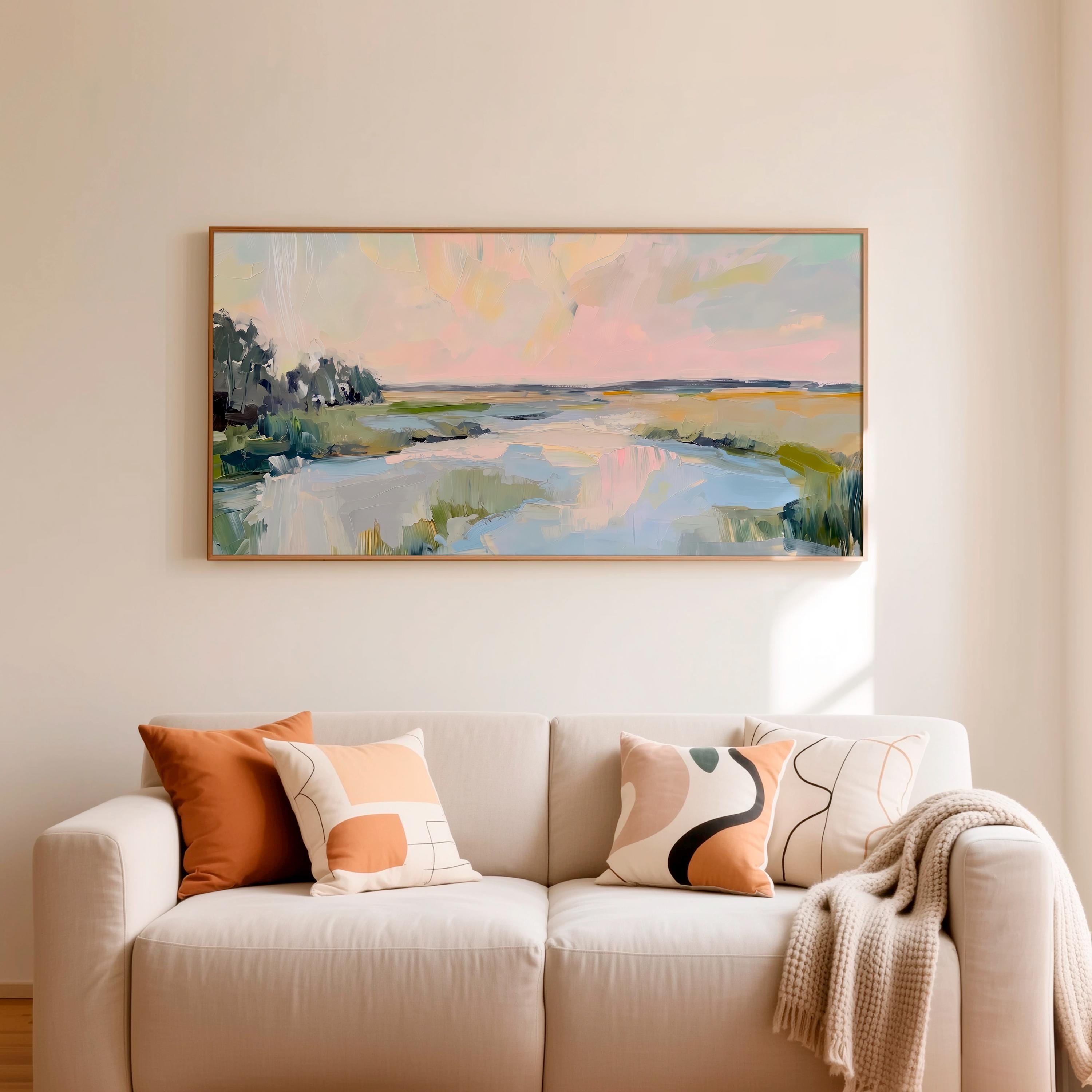 Lowcountry Marsh Framed Canvas Print, Horizontal Large Abstract Wall Art for Living Room, Pastel Sunset Decor,  ART564