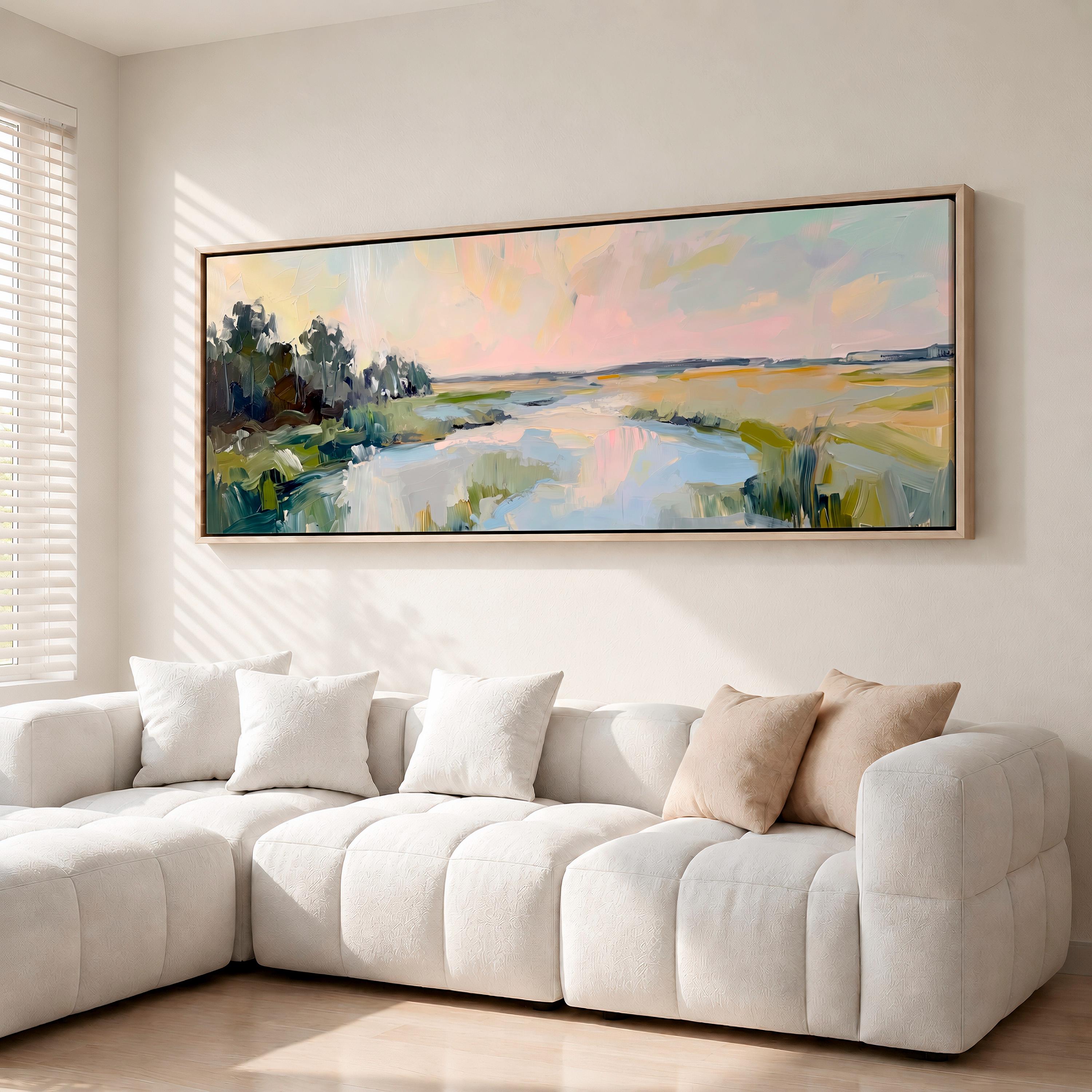 Lowcountry Marsh Framed Canvas Print, Horizontal Large Abstract Wall Art for Living Room, Pastel Sunset Decor,  ART564