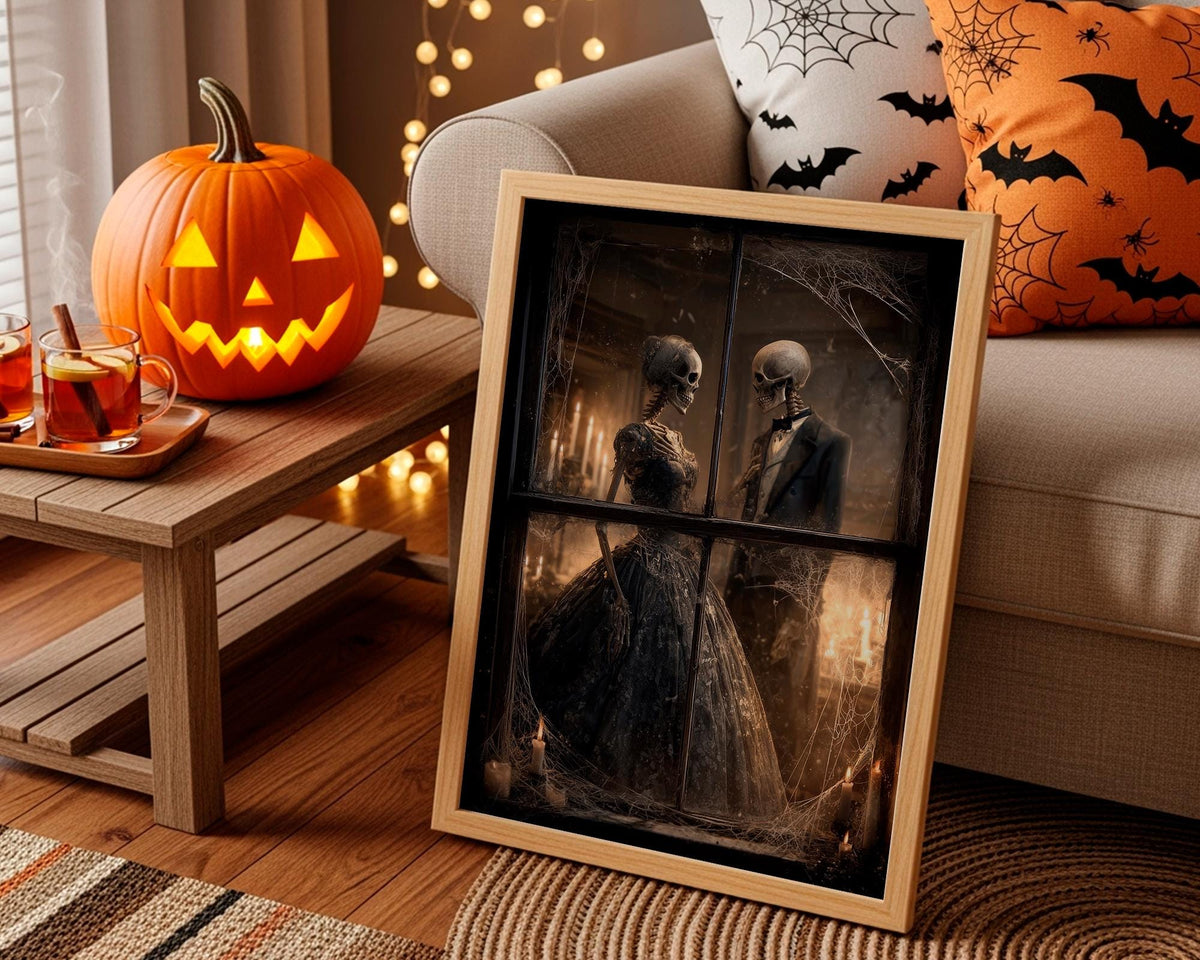 Dark Gothic Skeleton Couple Poster, Victorian Dance Wall Art Print, Halloween Gift for Gothic Lovers, Halloween Wall Art