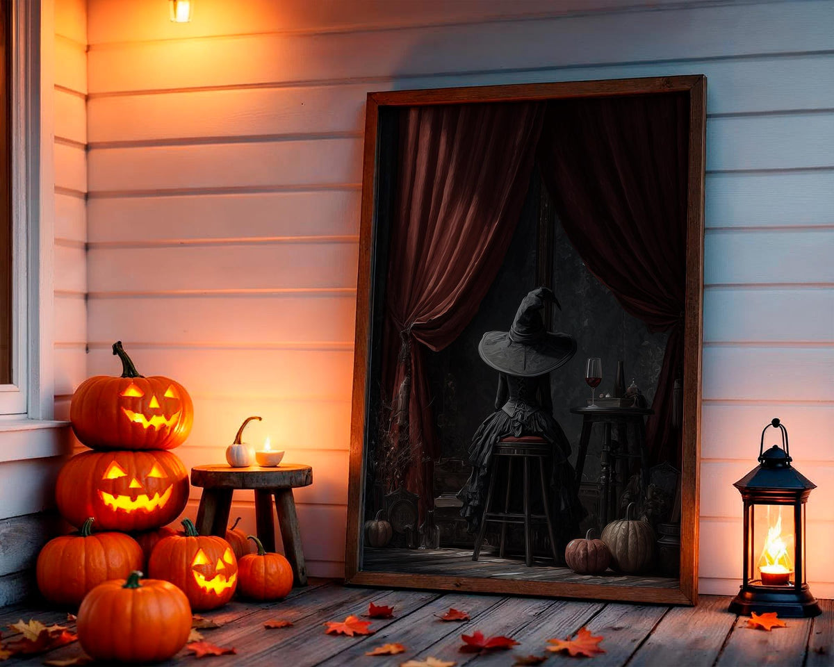 Witch Sitting Poster – Mystical Halloween wall art of a witch seen from behind, magical gothic print for cozy autumn hom